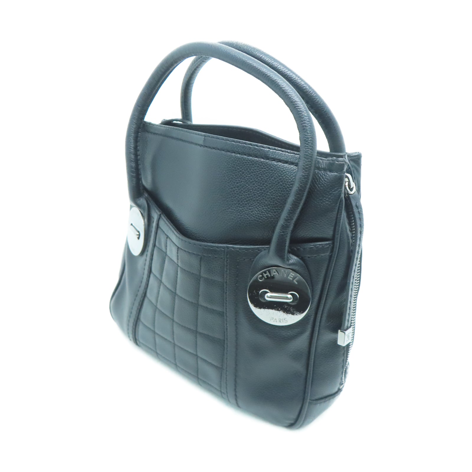 CHANEL 牛皮皮革Handbag银扣手挽袋黑色