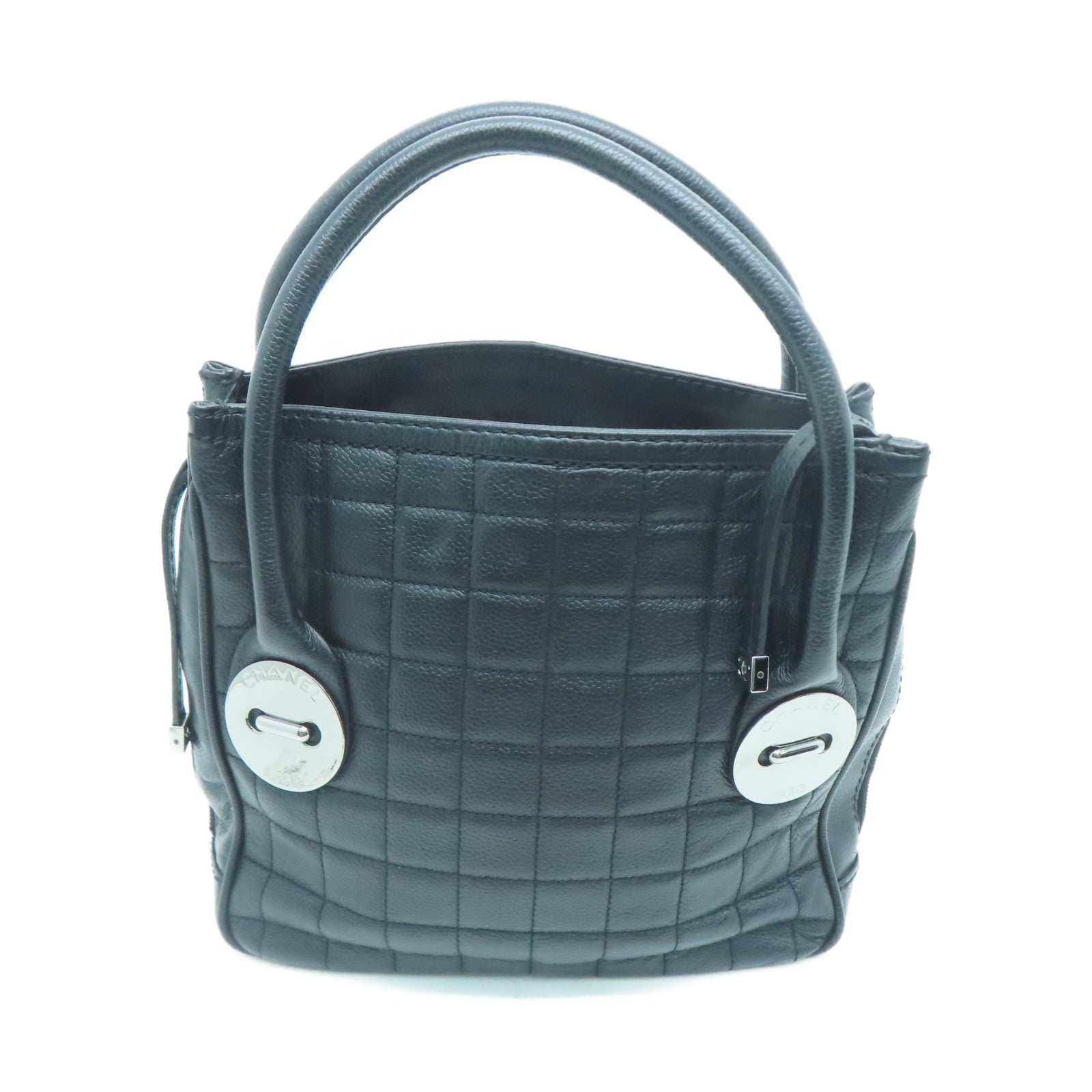 CHANEL 牛皮皮革Handbag银扣手挽袋黑色