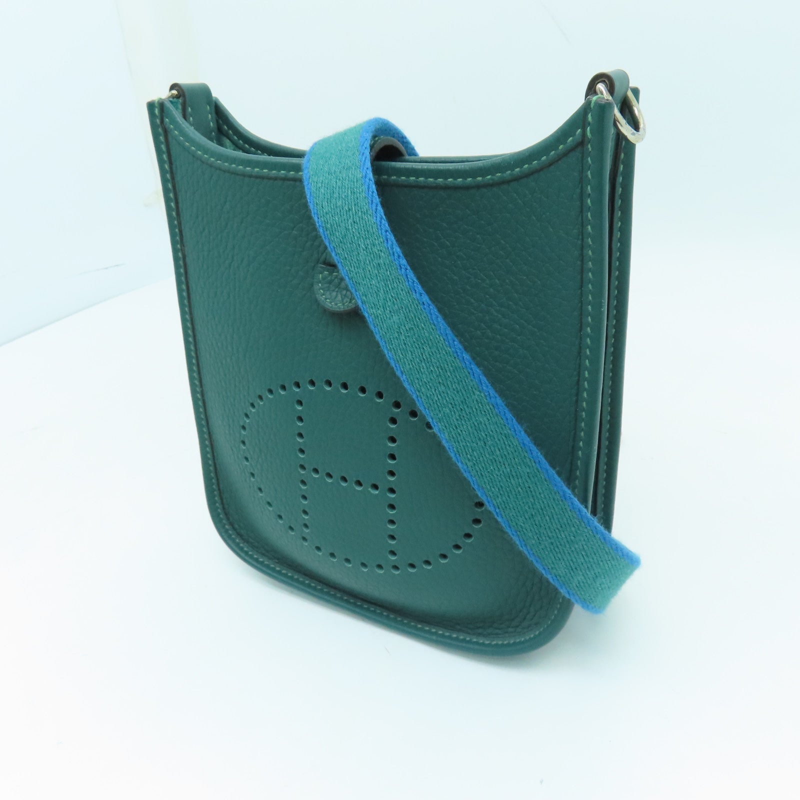 HERMES Clemence皮革Evelyne TPM銀扣肩背袋飽和綠色