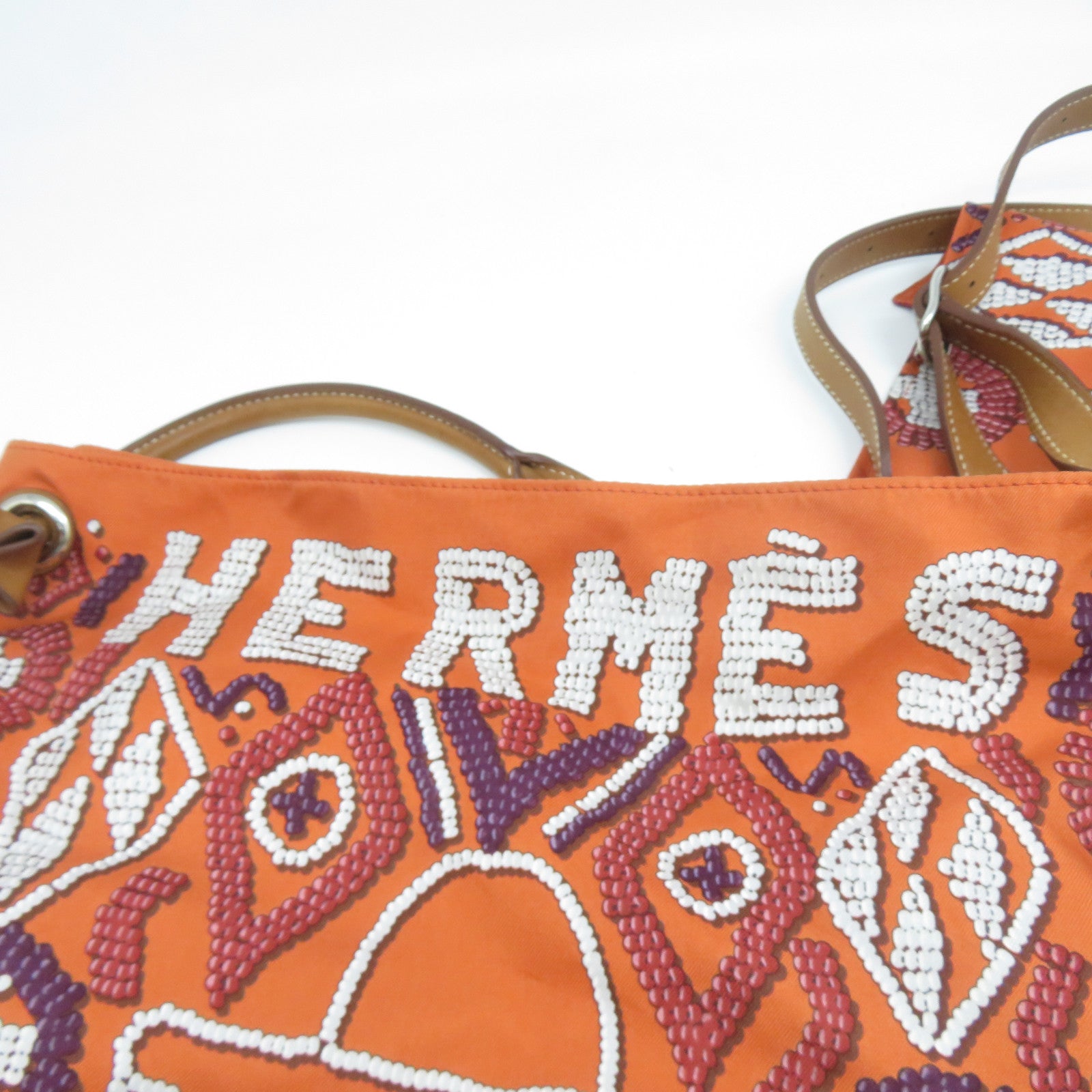 HERMES 絲質/皮革Silk In City銀扣肩背袋橙色/啡色