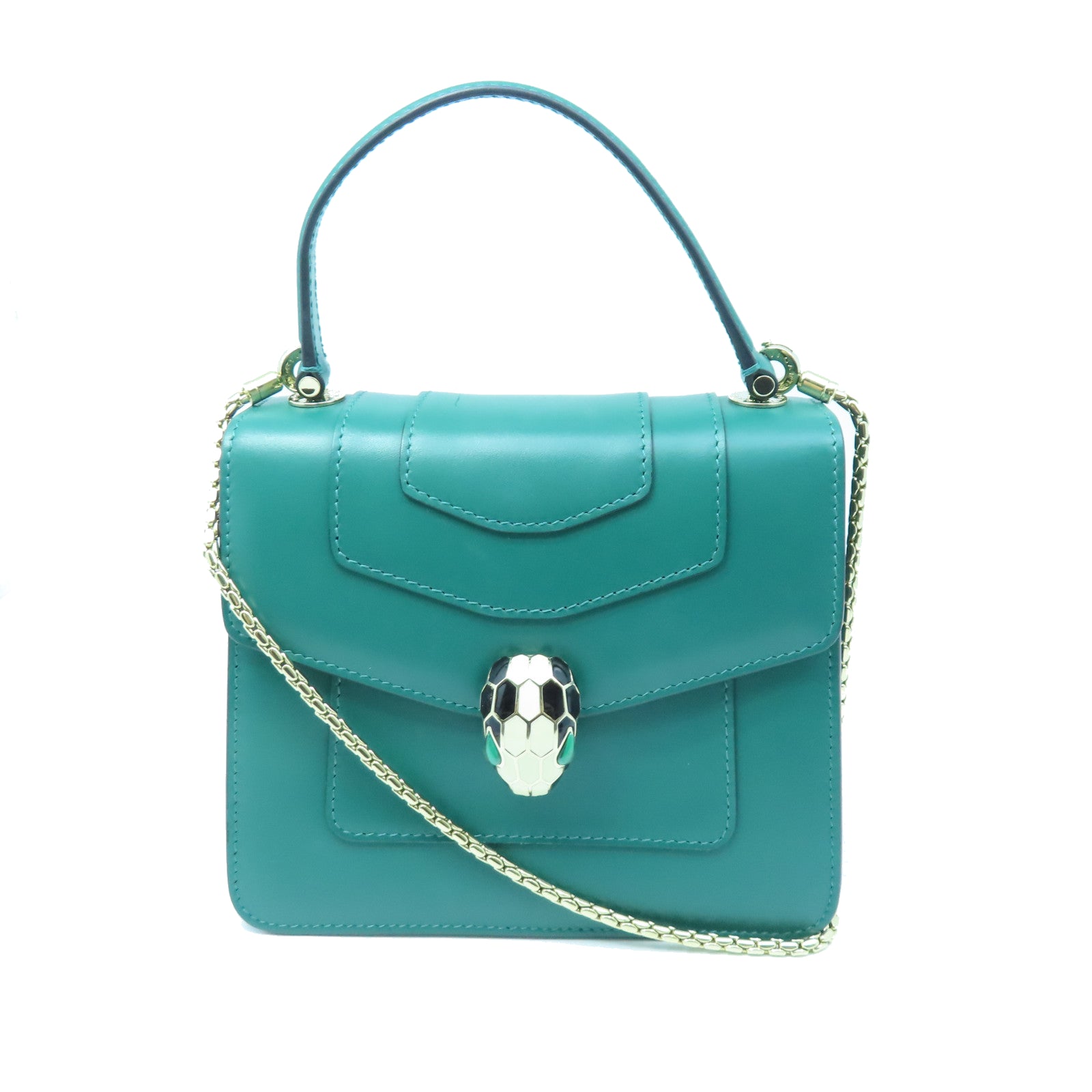 BVLGARI 牛皮皮革Serpenti Forever Top Handle金扣鏈帶肩背袋綠色