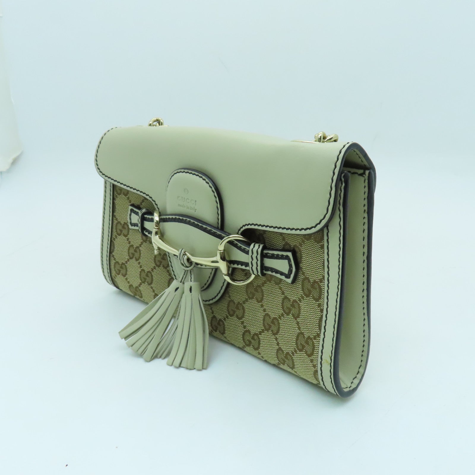 GUCCI 帆布Chain Shoulder金扣鏈帶肩背袋白色