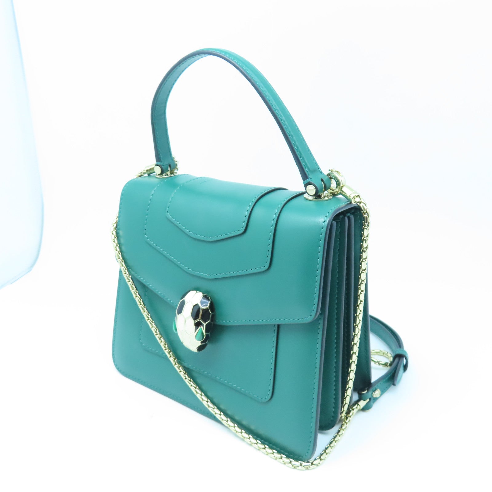 BVLGARI 牛皮皮革Serpenti Forever Top Handle金扣鏈帶肩背袋綠色