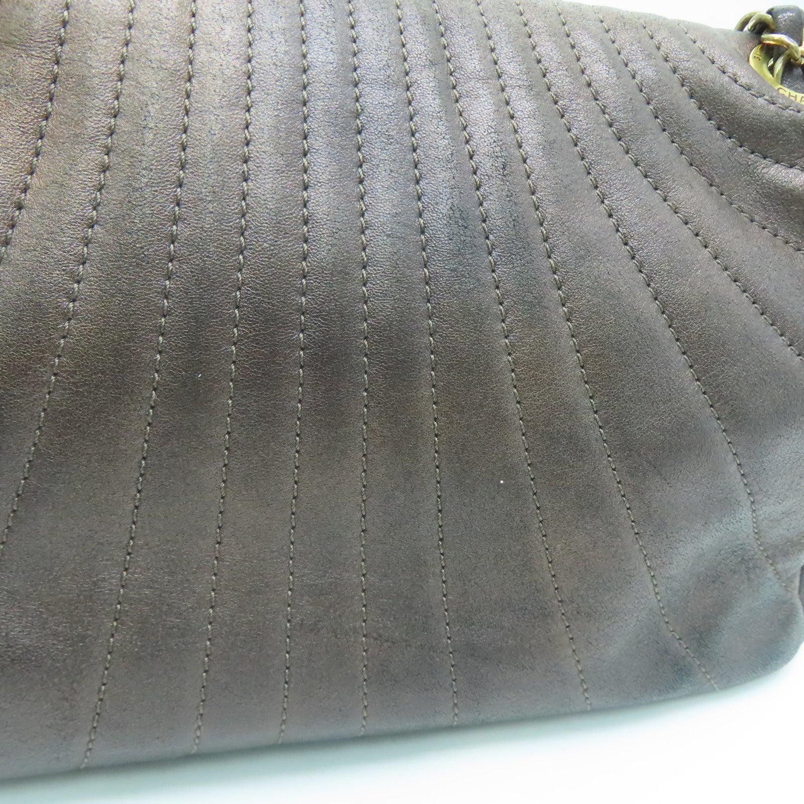 CHANEL 斜紋羊皮皮革Chain Shoulder Bag金扣鏈帶肩背袋啡色