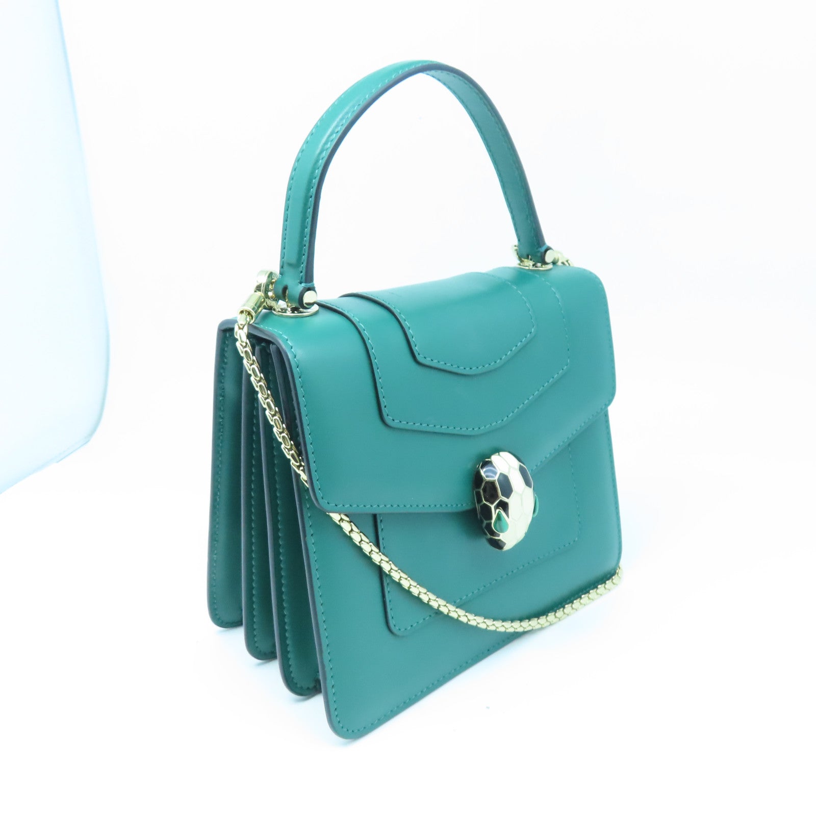 BVLGARI 牛皮皮革Serpenti Forever Top Handle金扣鏈帶肩背袋綠色