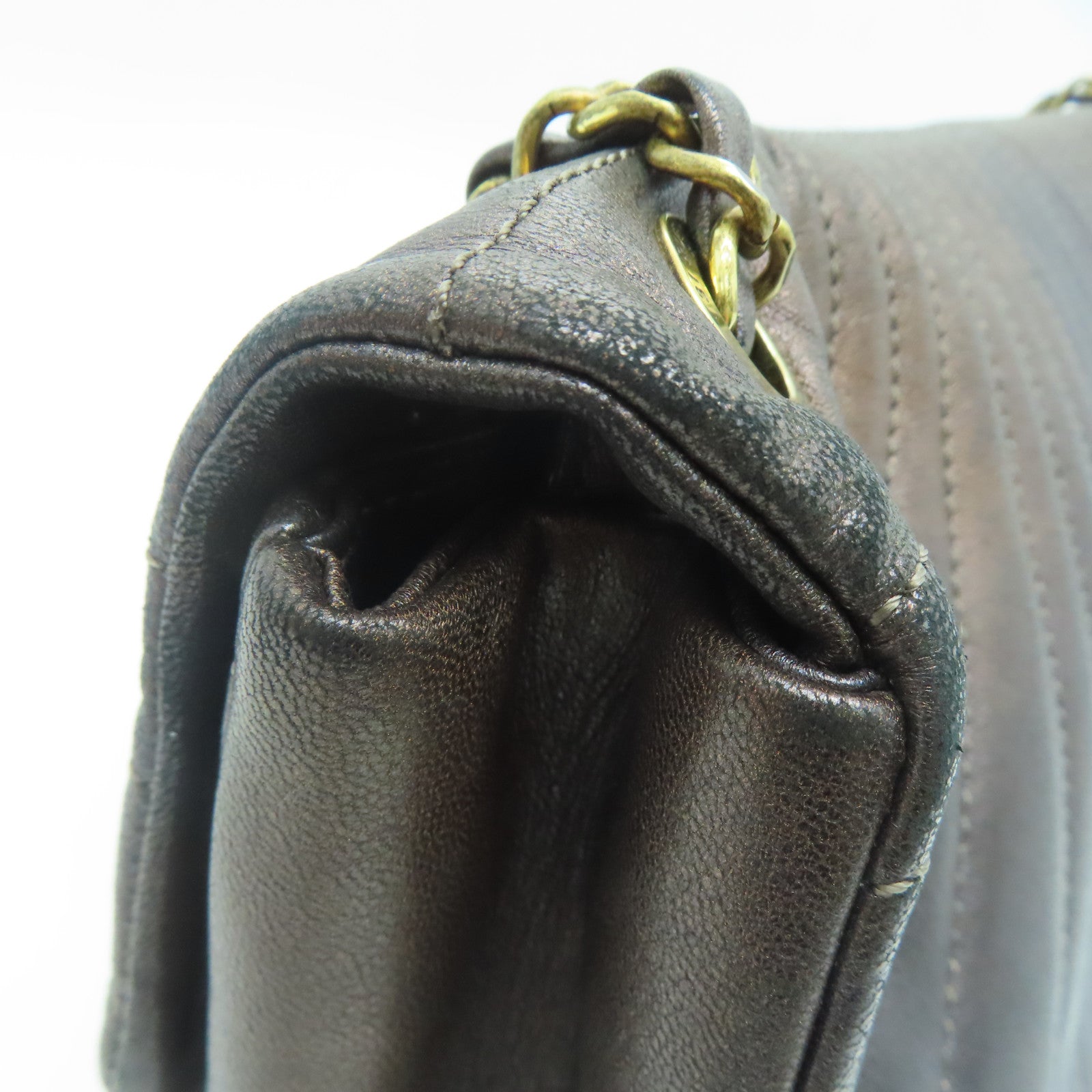 CHANEL 斜紋羊皮皮革Chain Shoulder Bag金扣鏈帶肩背袋啡色