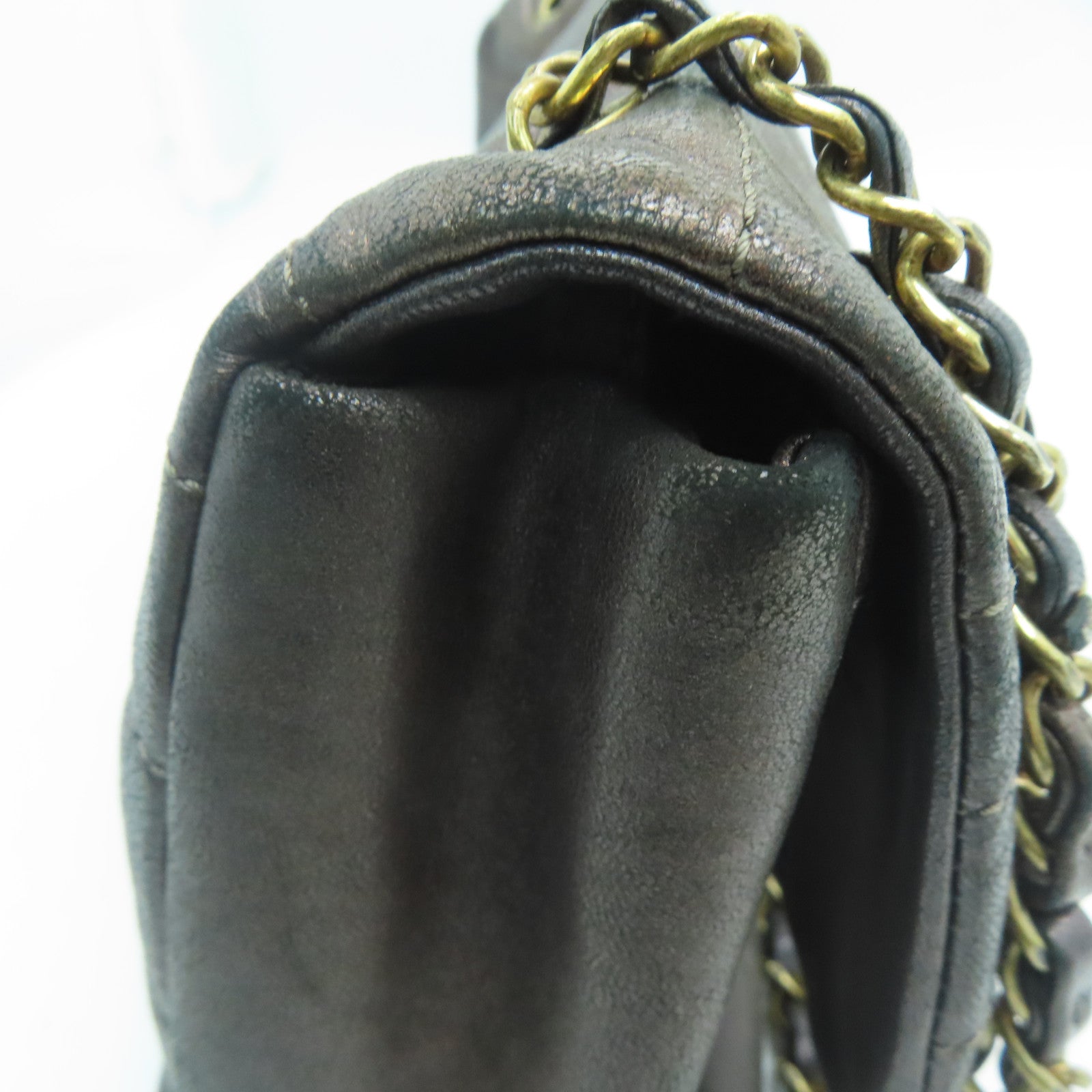CHANEL 斜紋羊皮皮革Chain Shoulder Bag金扣鏈帶肩背袋啡色