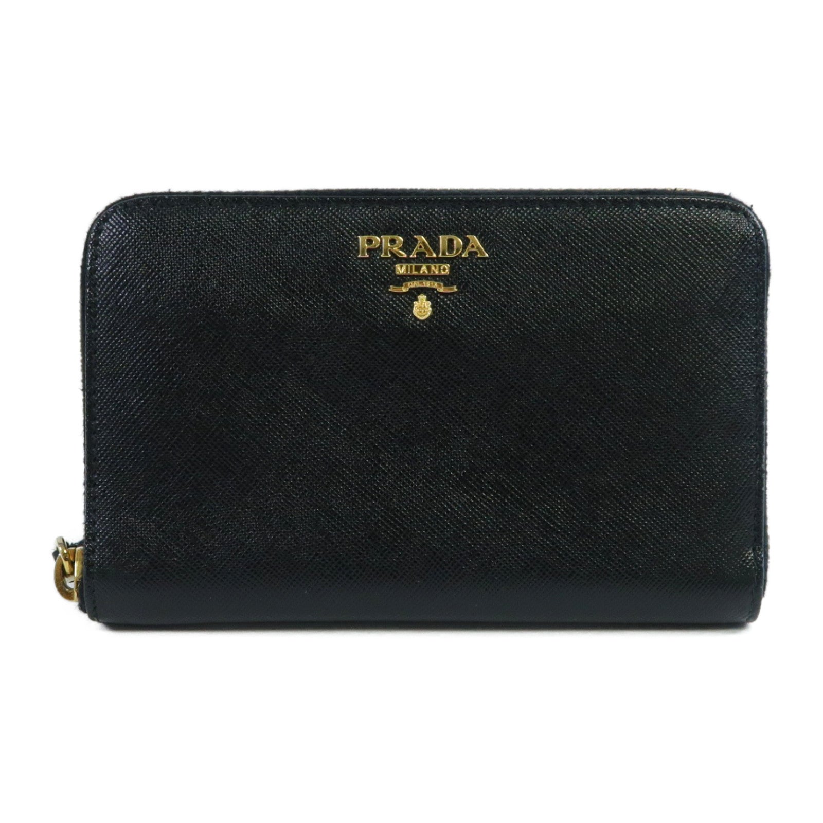 PRADA Saffiano皮革Zipper Wallet金扣錢包黑色