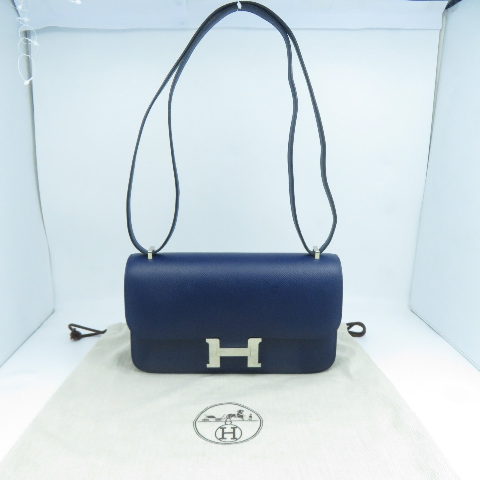 HERMES Epsom皮革Constance Elan銀扣肩背袋Bleu Saphir寶石藍色