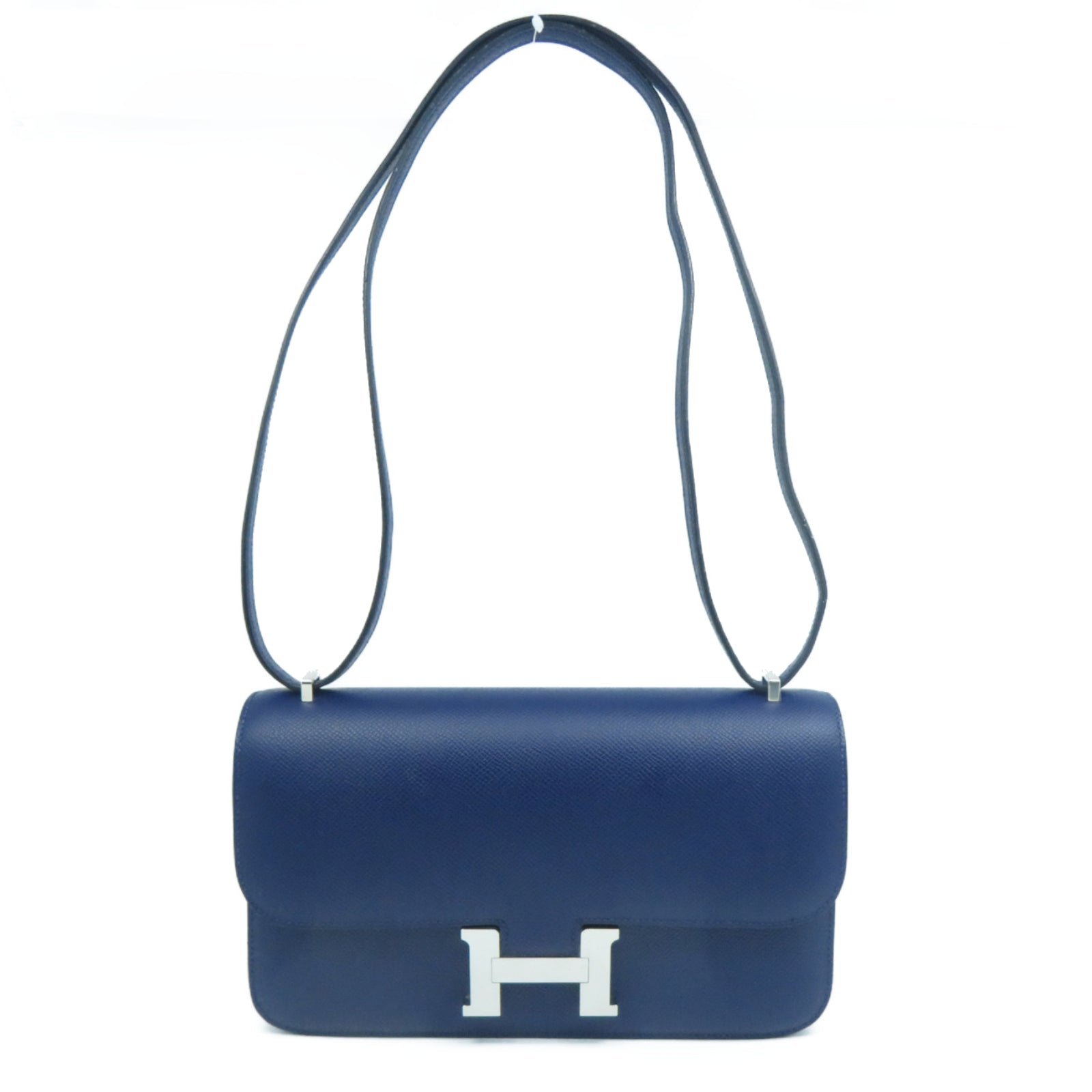 HERMES Epsom皮革Constance Elan銀扣肩背袋Bleu Saphir寶石藍色