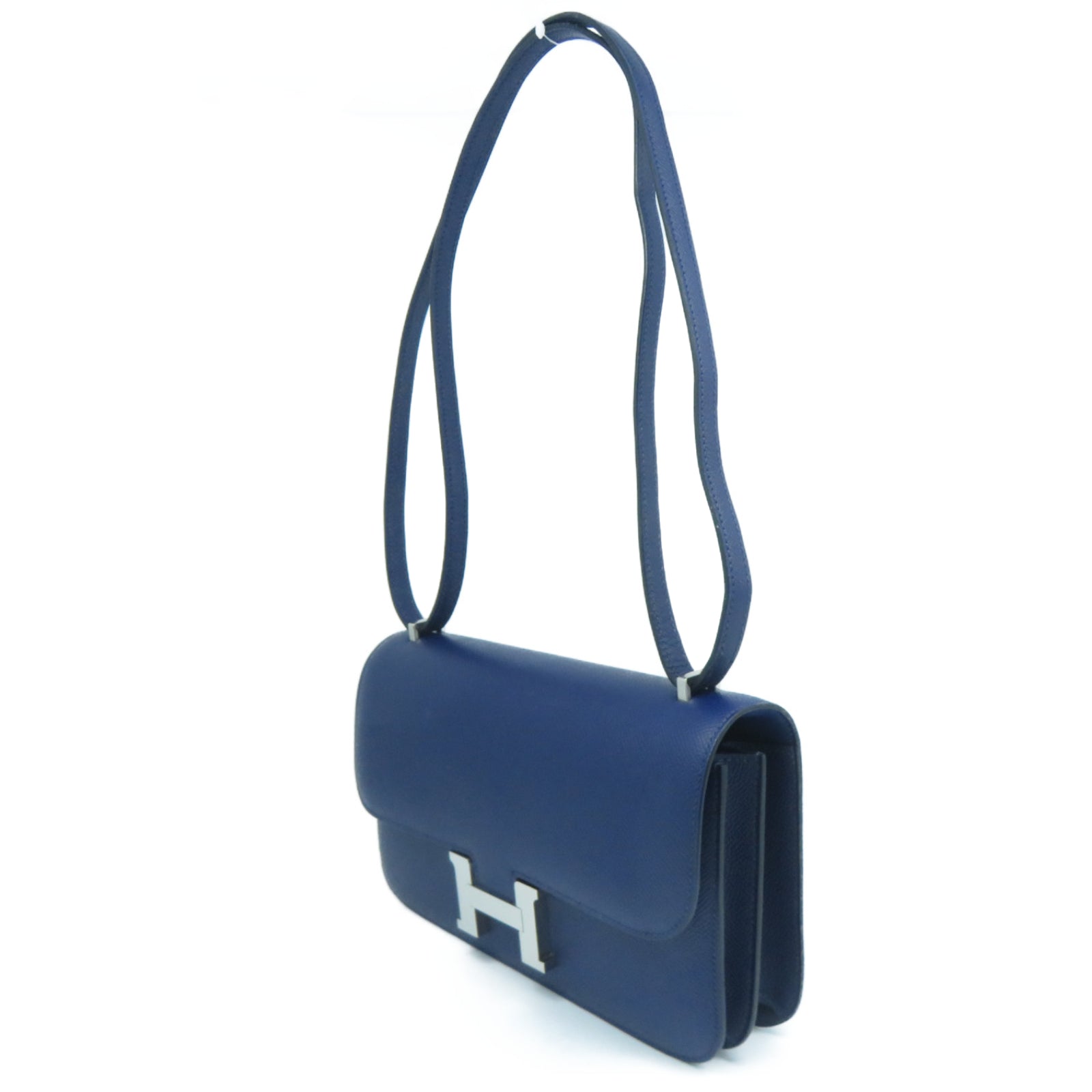 HERMES Epsom皮革Constance Elan銀扣肩背袋Bleu Saphir寶石藍色