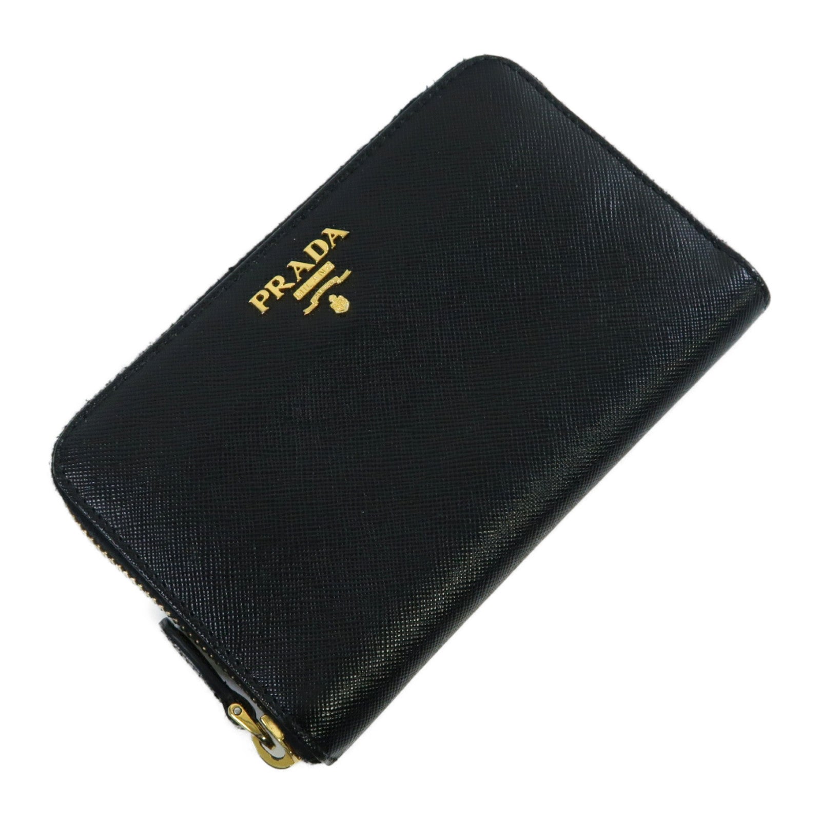 PRADA Saffiano皮革Zipper Wallet金扣錢包黑色