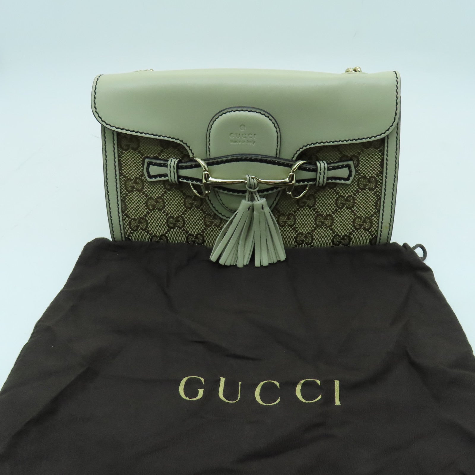 GUCCI 帆布Chain Shoulder金扣鏈帶肩背袋白色