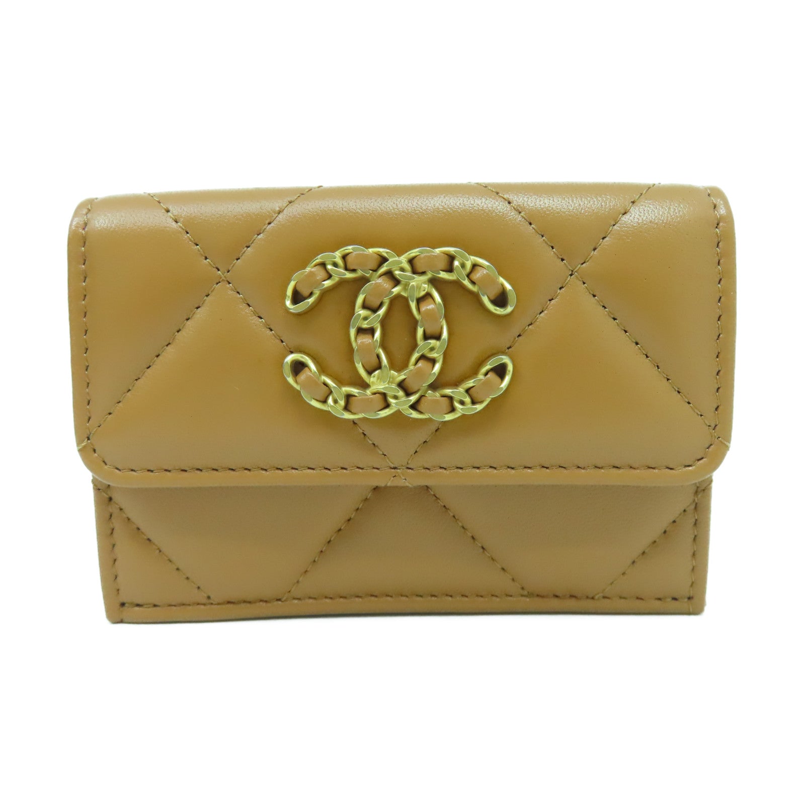 CHANEL 菱格牛皮皮革C19 Wallet金扣錢包駱駝色