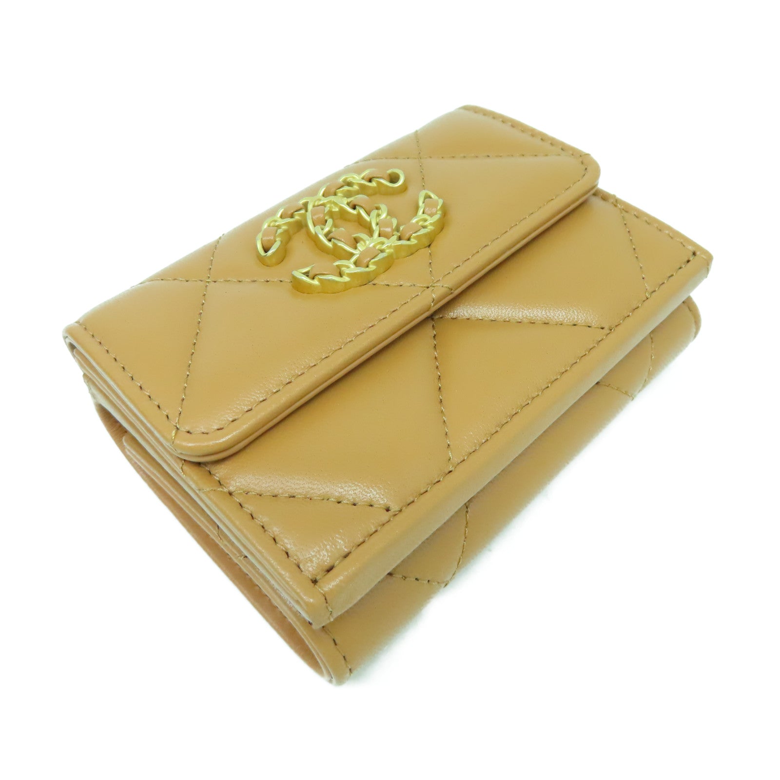 CHANEL 菱格牛皮皮革C19 Wallet金扣錢包駱駝色