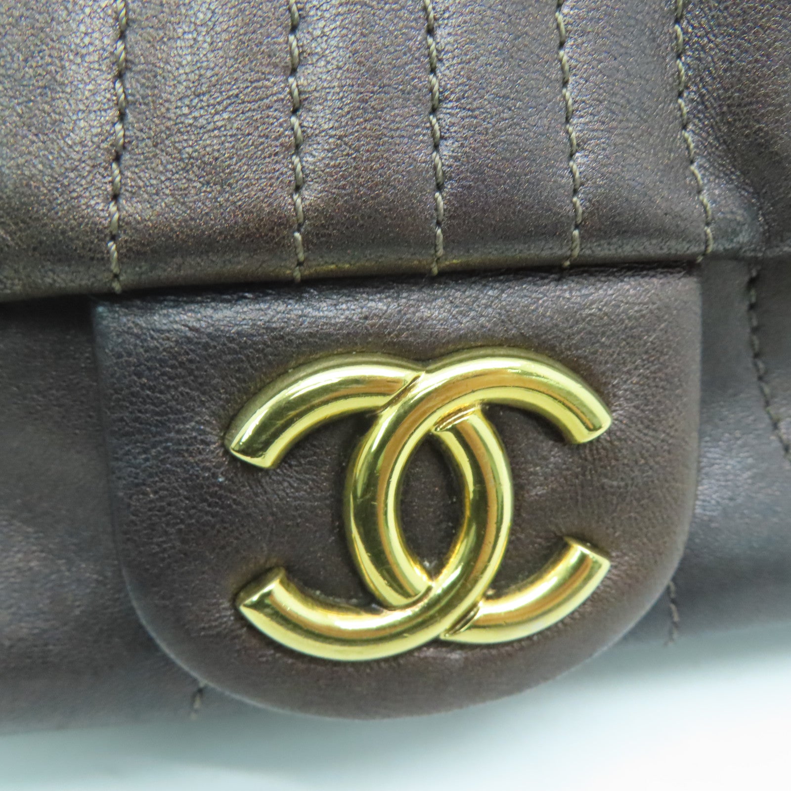 CHANEL 斜紋羊皮皮革Chain Shoulder Bag金扣鏈帶肩背袋啡色