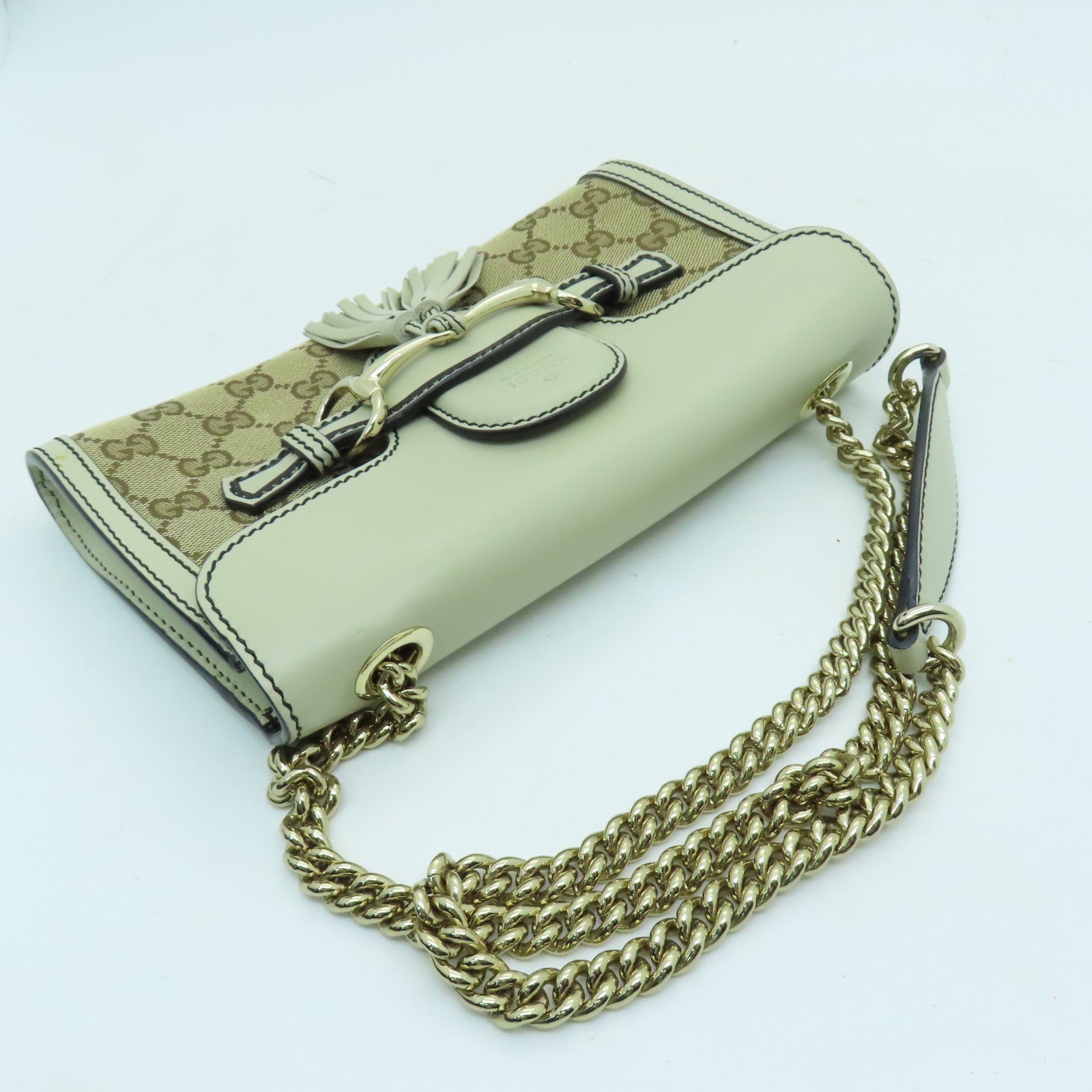 GUCCI 帆布Chain Shoulder金扣鏈帶肩背袋白色
