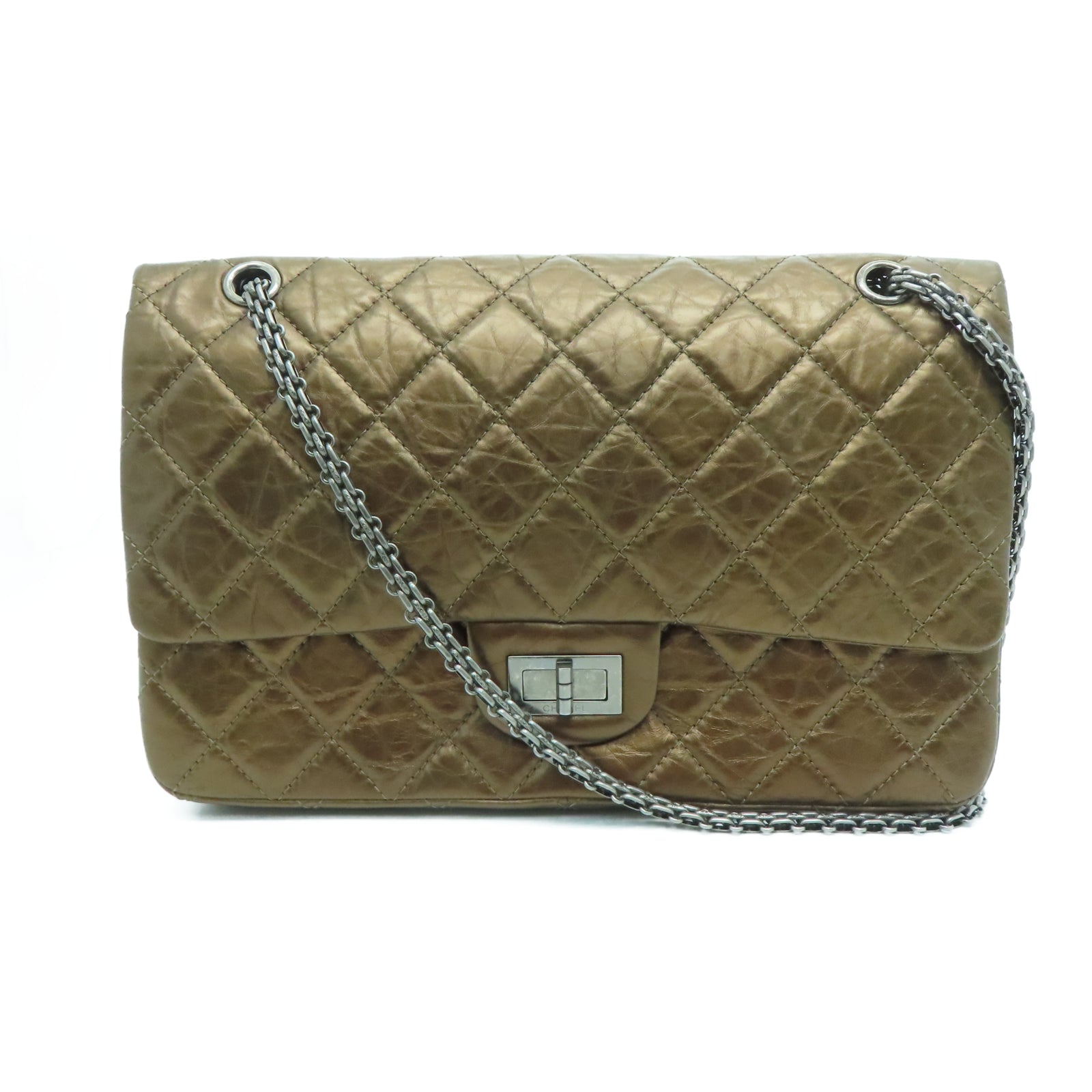 CHANEL 【激减优惠】菱格牛皮皮革2.55 Chain Shoulder银扣链带肩背袋铜色