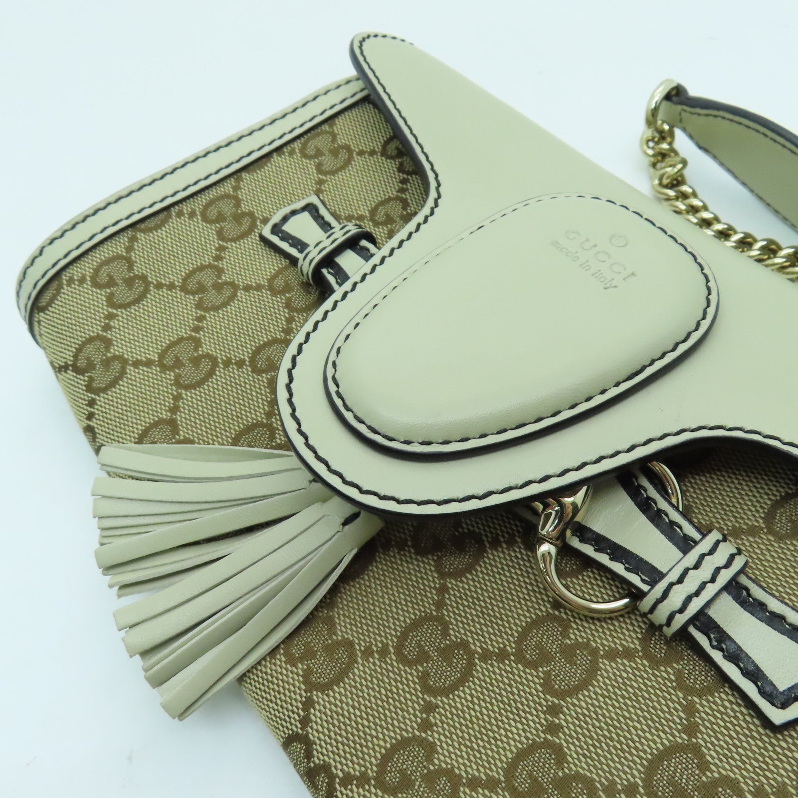 GUCCI 帆布Chain Shoulder金扣鏈帶肩背袋白色