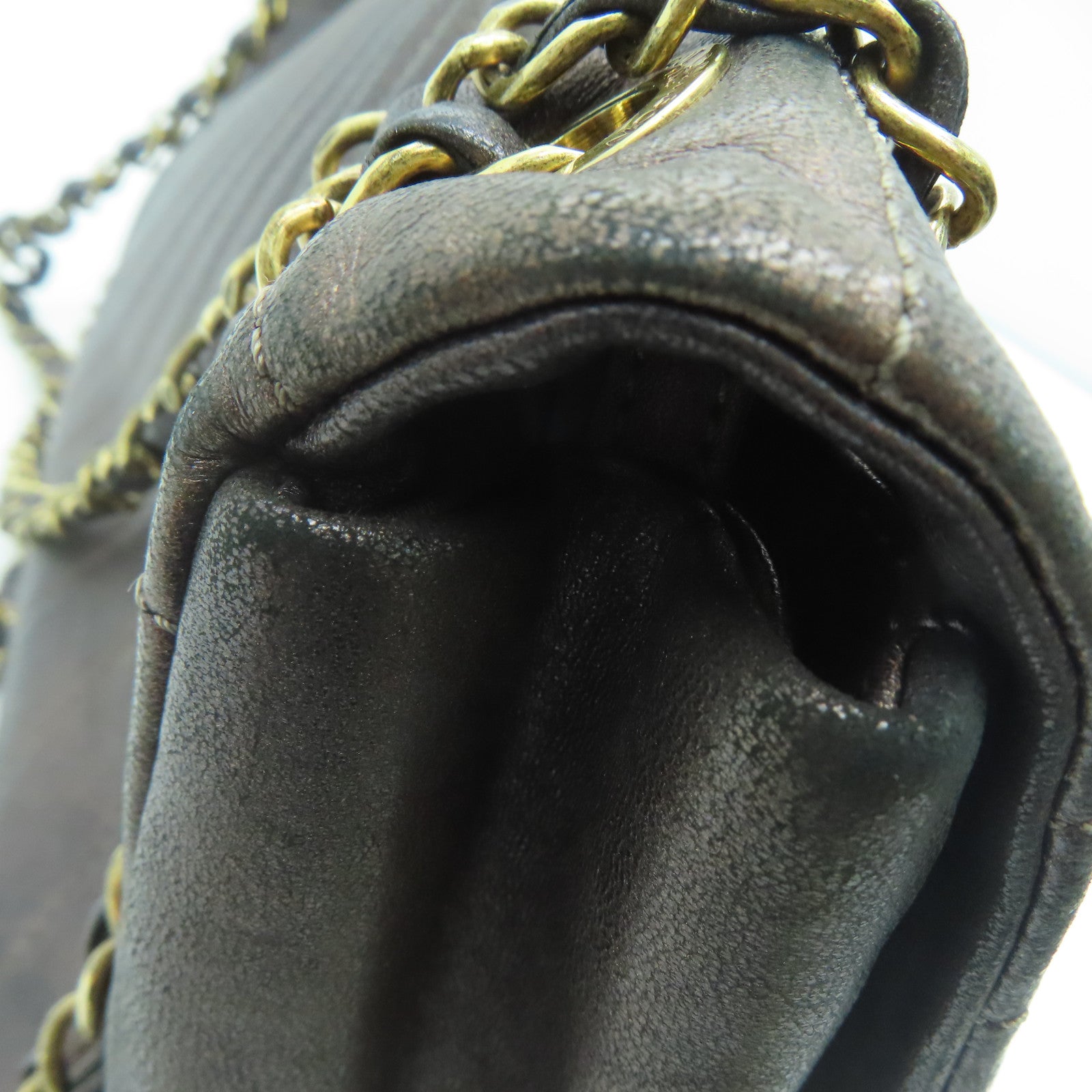 CHANEL 斜紋羊皮皮革Chain Shoulder Bag金扣鏈帶肩背袋啡色