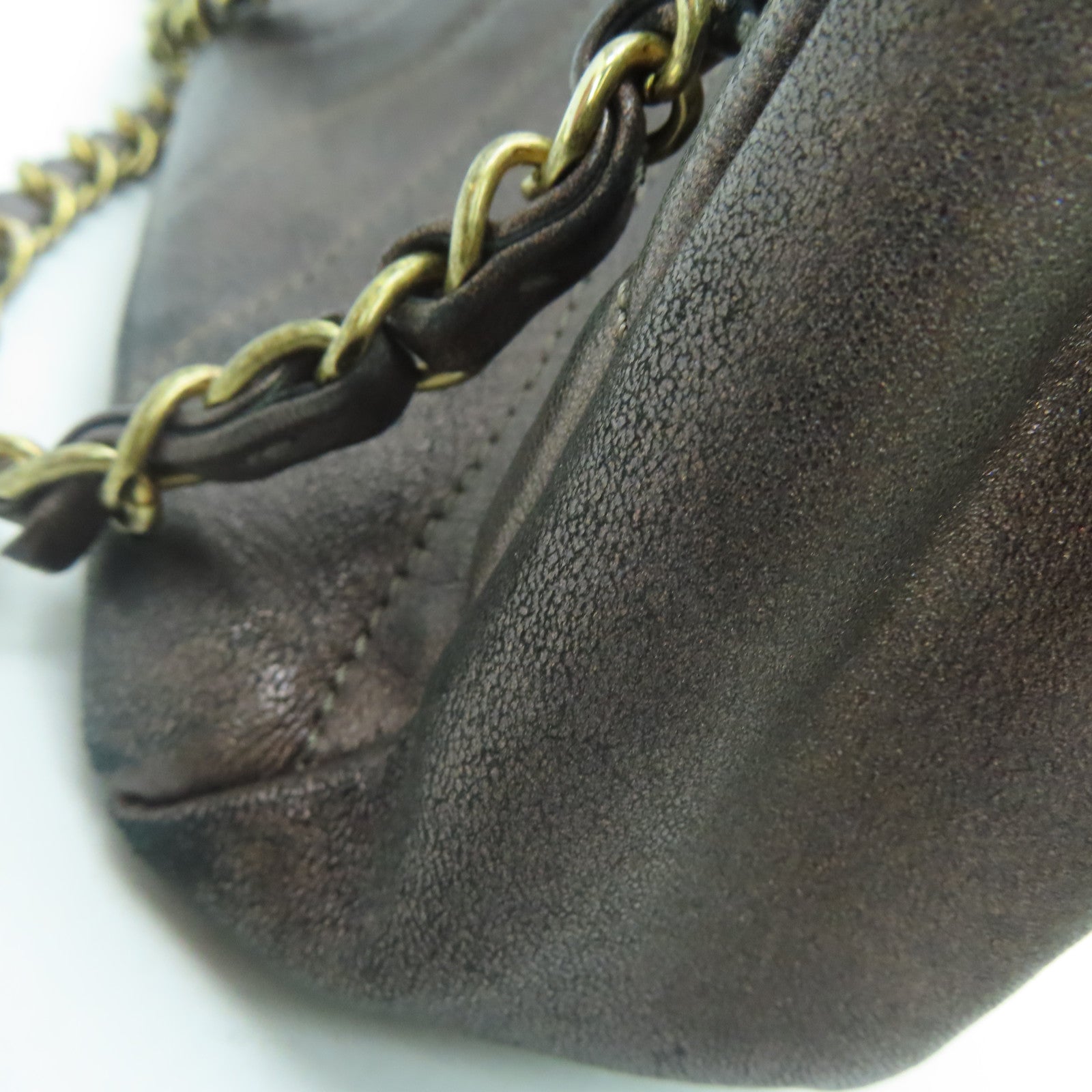 CHANEL 斜紋羊皮皮革Chain Shoulder Bag金扣鏈帶肩背袋啡色