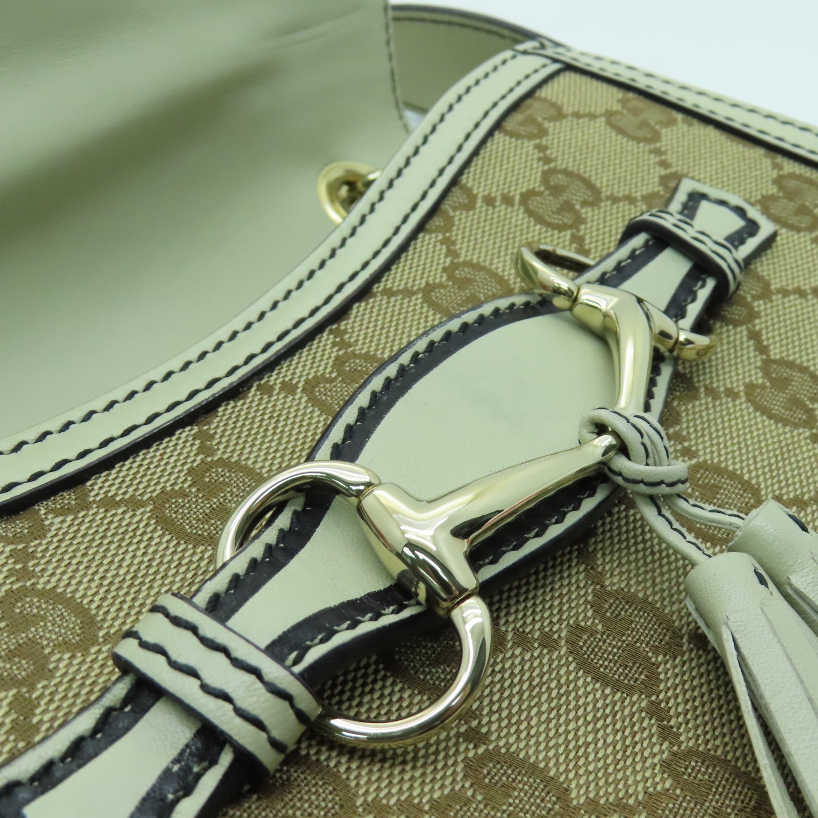 GUCCI 帆布Chain Shoulder金扣鏈帶肩背袋白色
