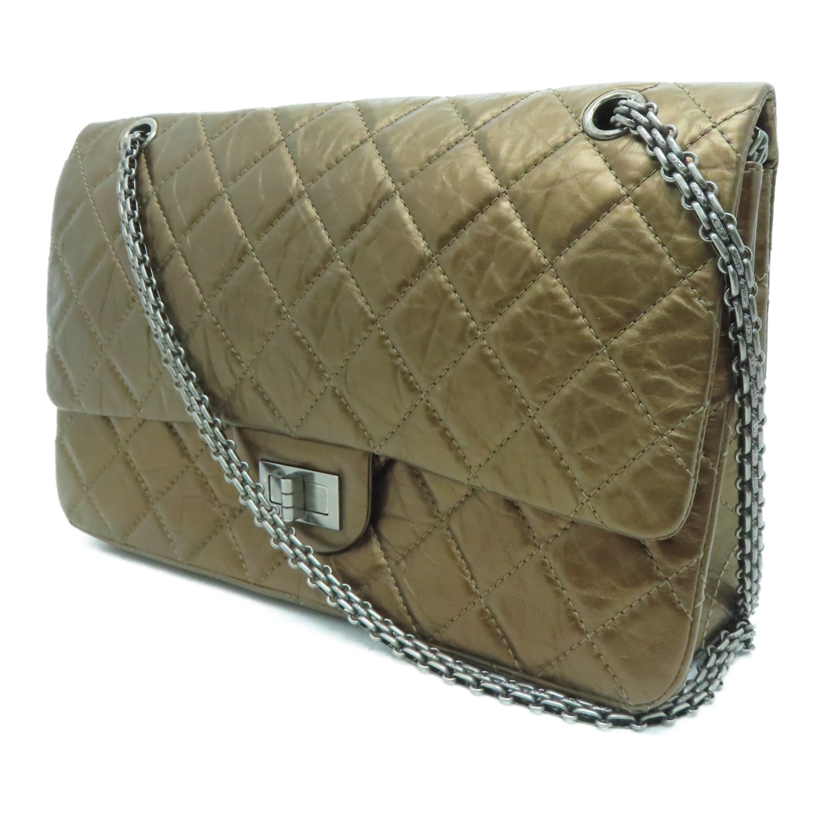 CHANEL 【激减优惠】菱格牛皮皮革2.55 Chain Shoulder银扣链带肩背袋铜色