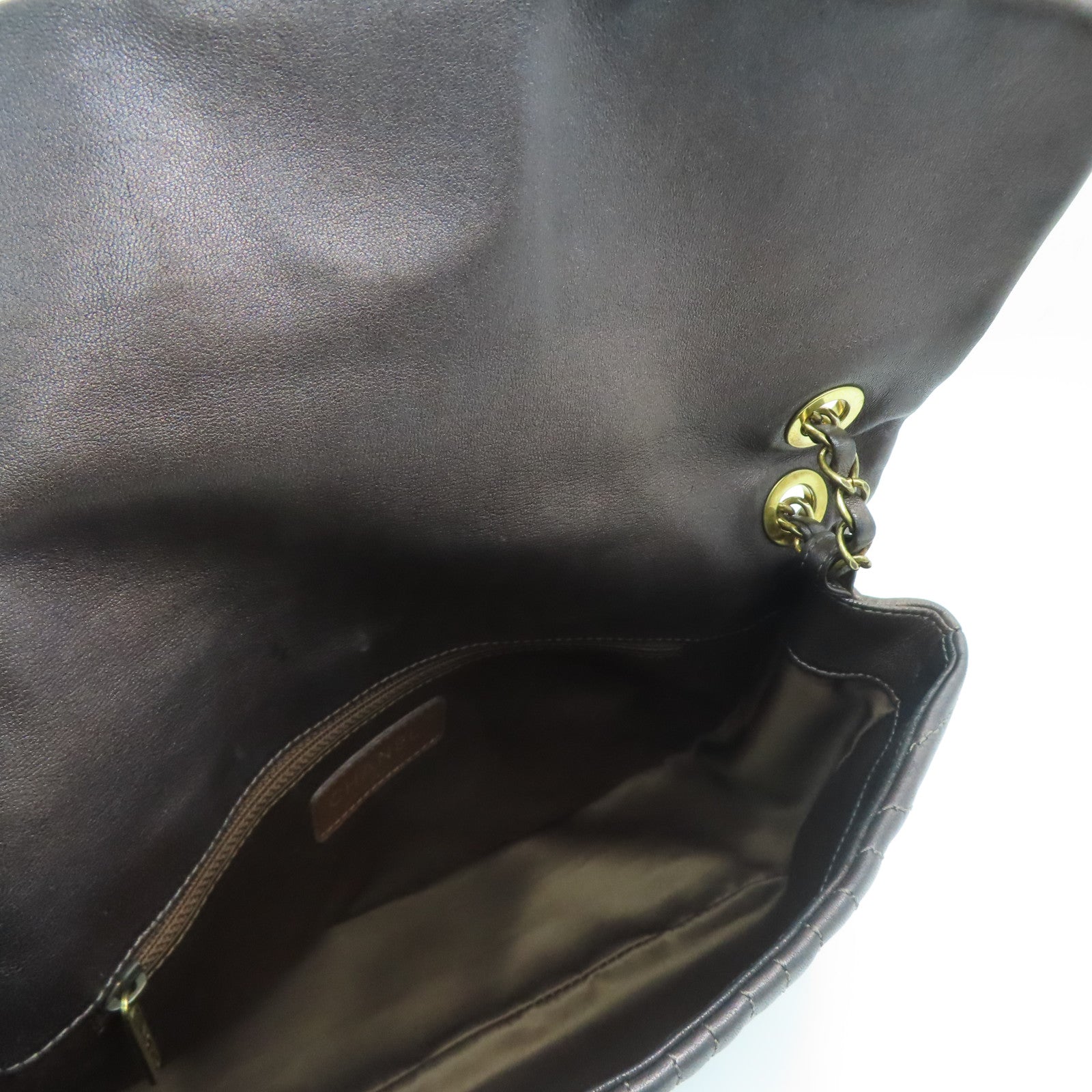 CHANEL 斜紋羊皮皮革Chain Shoulder Bag金扣鏈帶肩背袋啡色