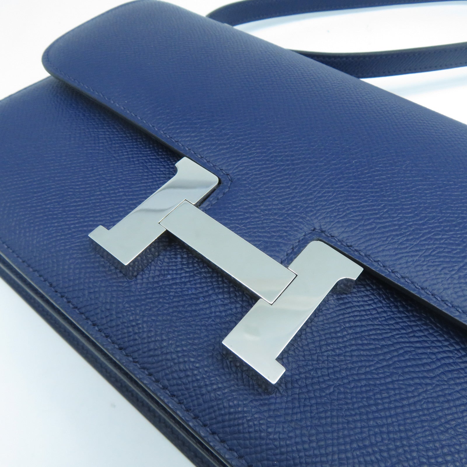 HERMES Epsom皮革Constance Elan銀扣肩背袋Bleu Saphir寶石藍色