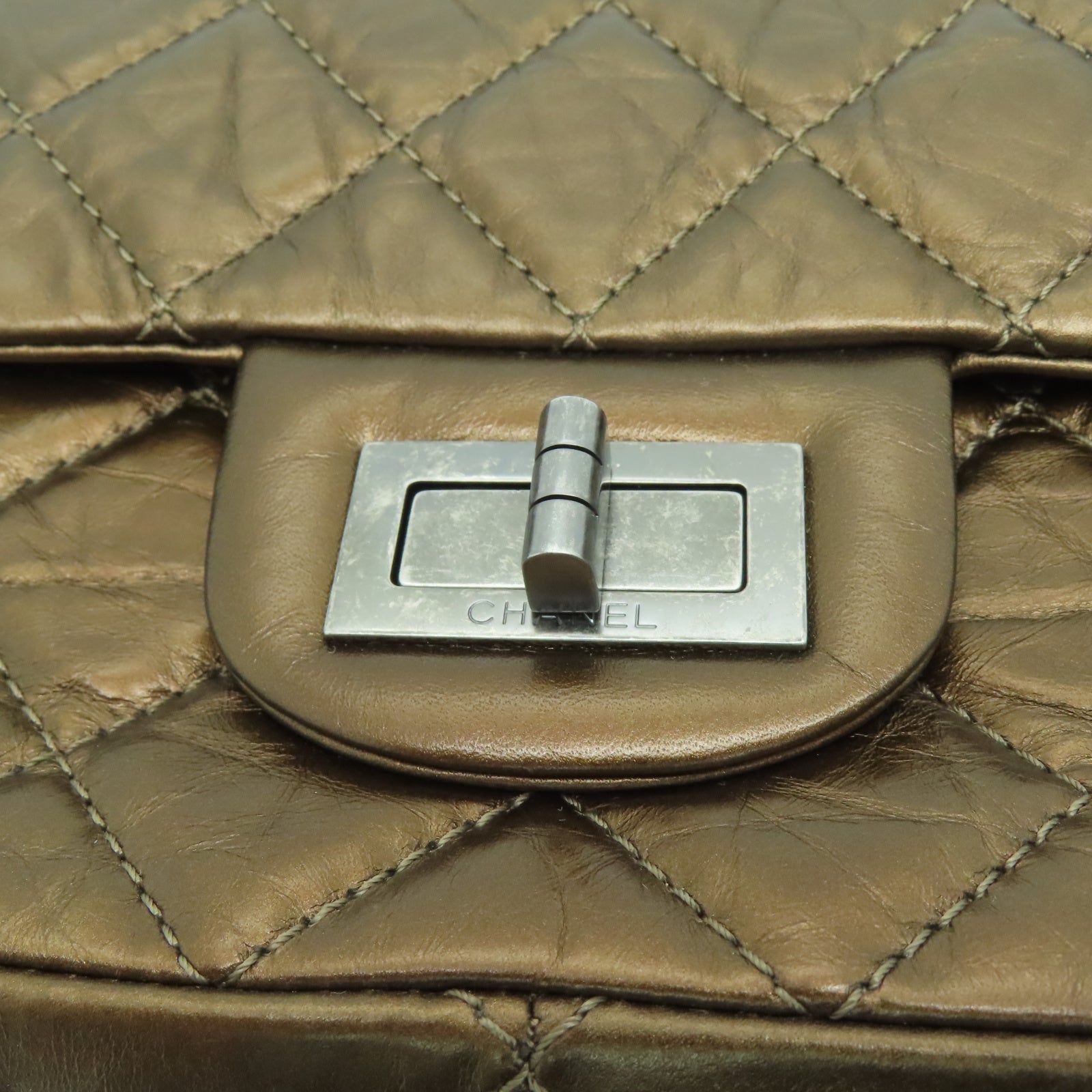 CHANEL 【激减优惠】菱格牛皮皮革2.55 Chain Shoulder银扣链带肩背袋铜色