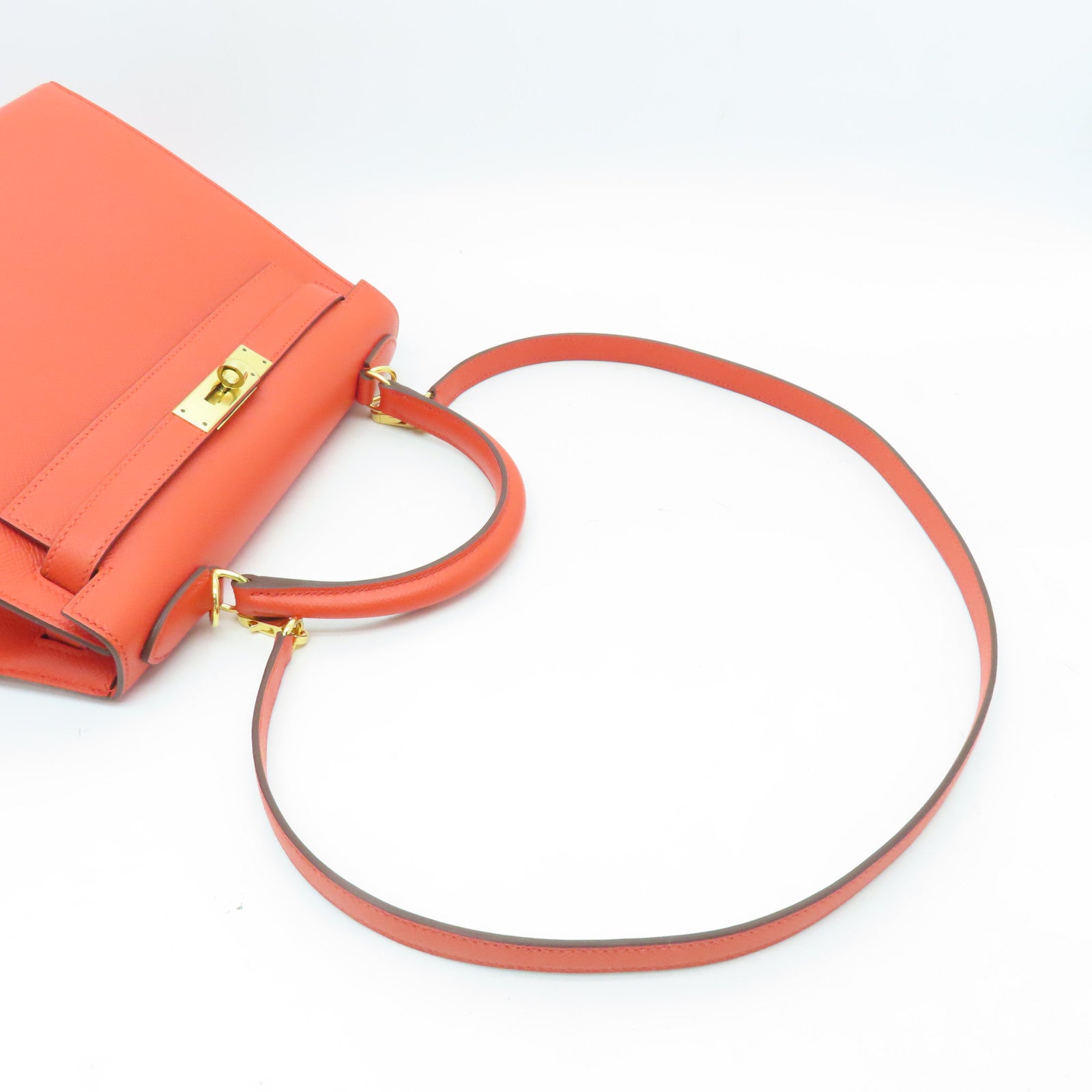 HERMES Epsom皮革Kelly 28 Hand Bag金扣手挽袋橙色9T