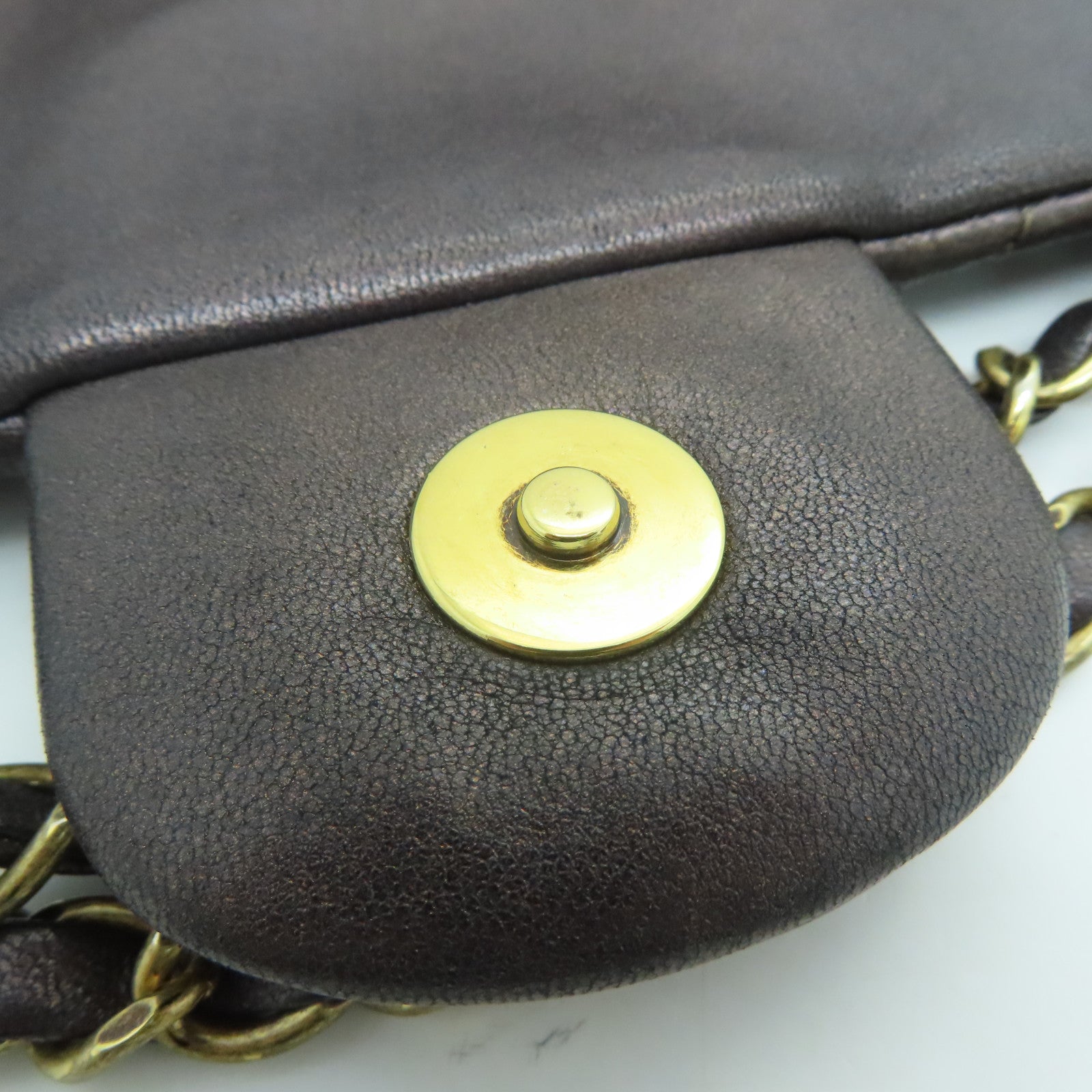 CHANEL 斜紋羊皮皮革Chain Shoulder Bag金扣鏈帶肩背袋啡色