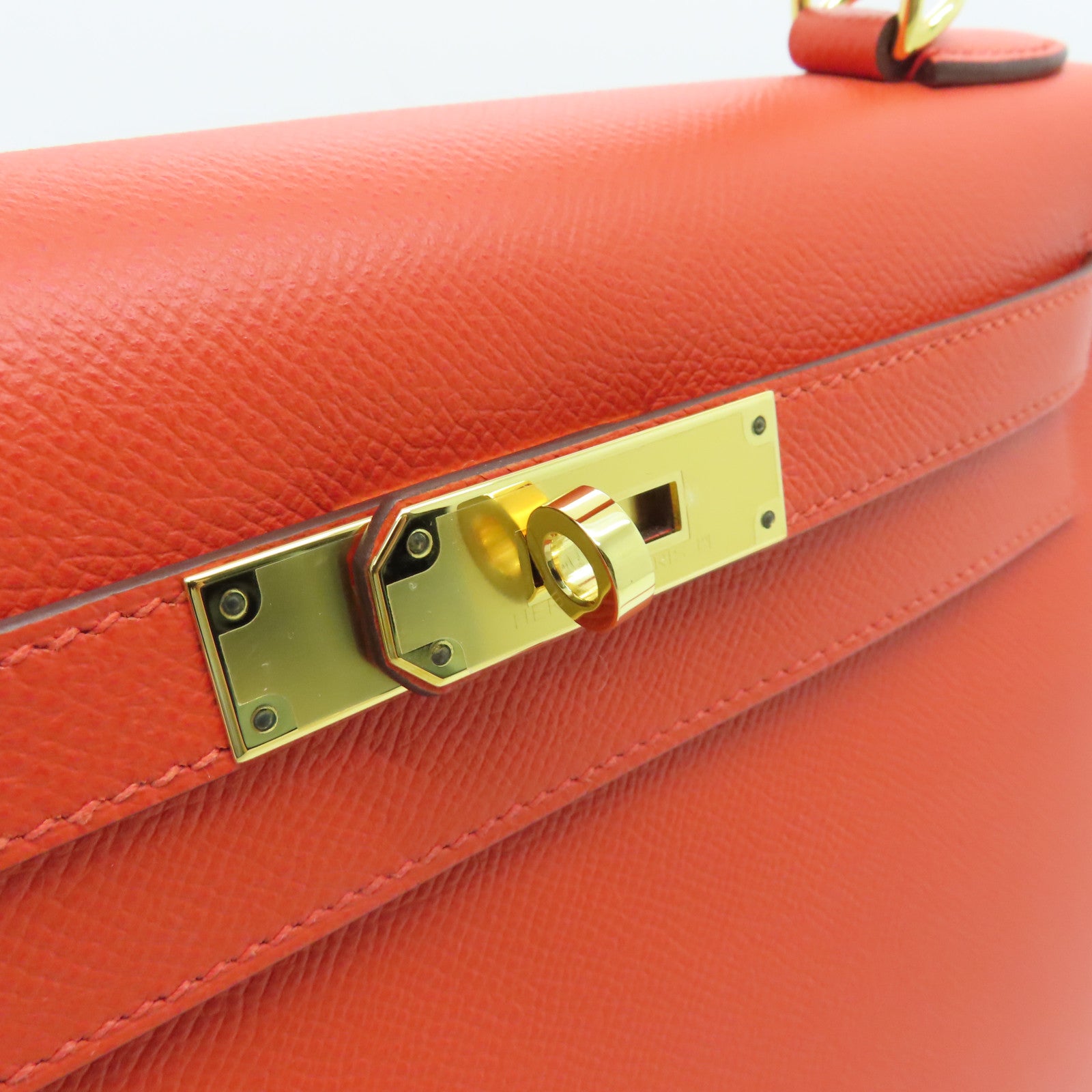 HERMES Epsom皮革Kelly 28 Hand Bag金扣手挽袋橙色9T