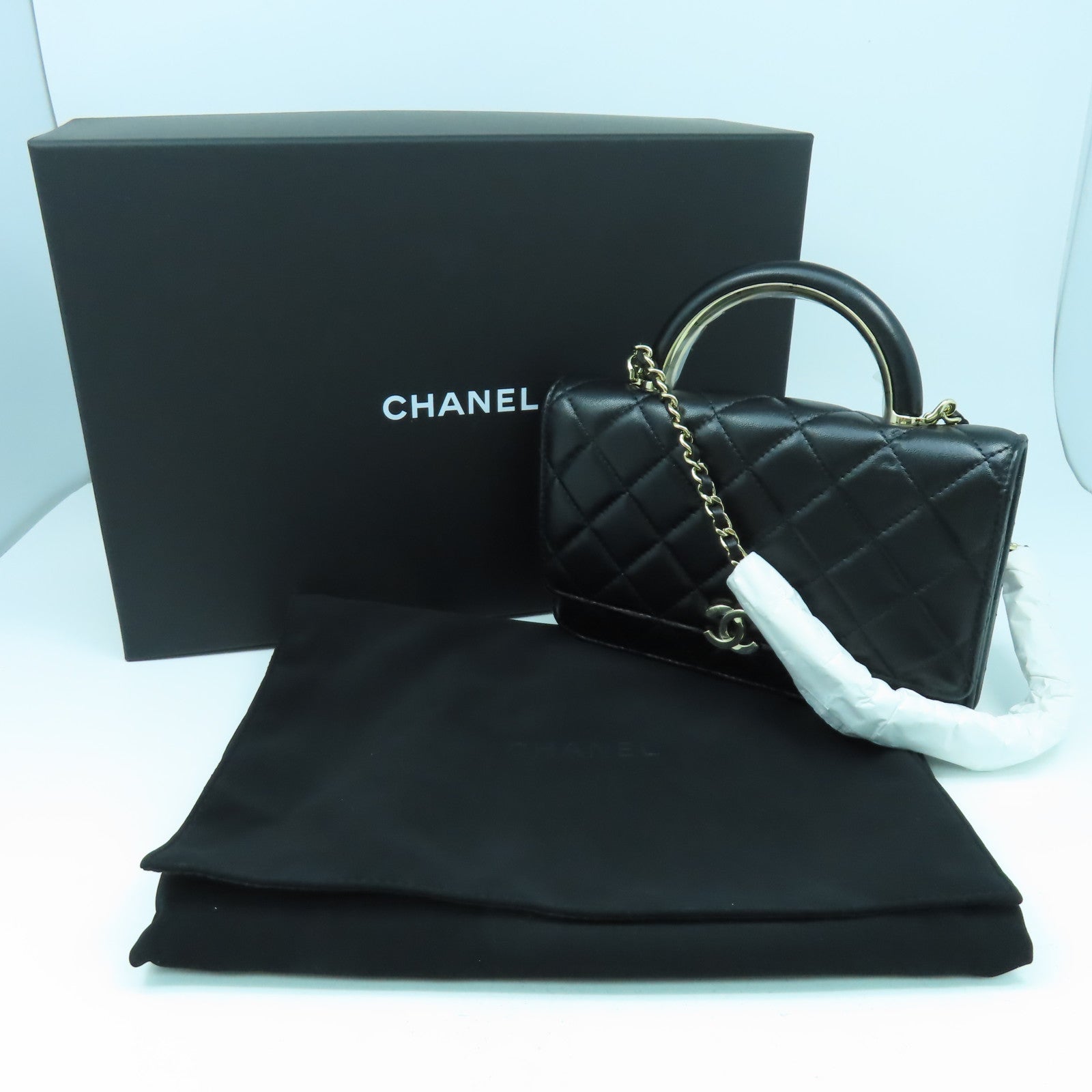CHANEL 菱格羊皮皮革WOC with Handle銀扣手挽肩背兩用袋黑色