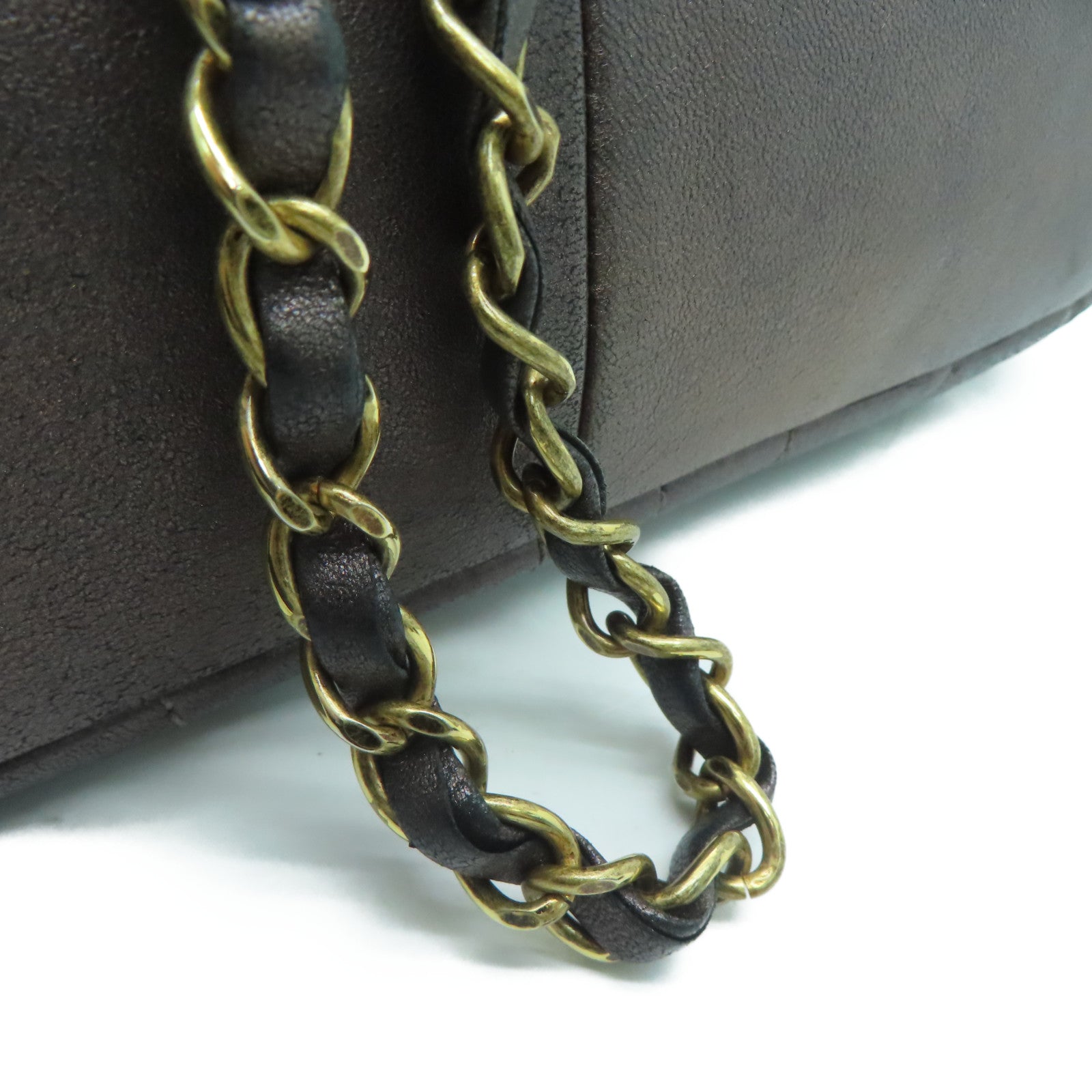 CHANEL 斜紋羊皮皮革Chain Shoulder Bag金扣鏈帶肩背袋啡色