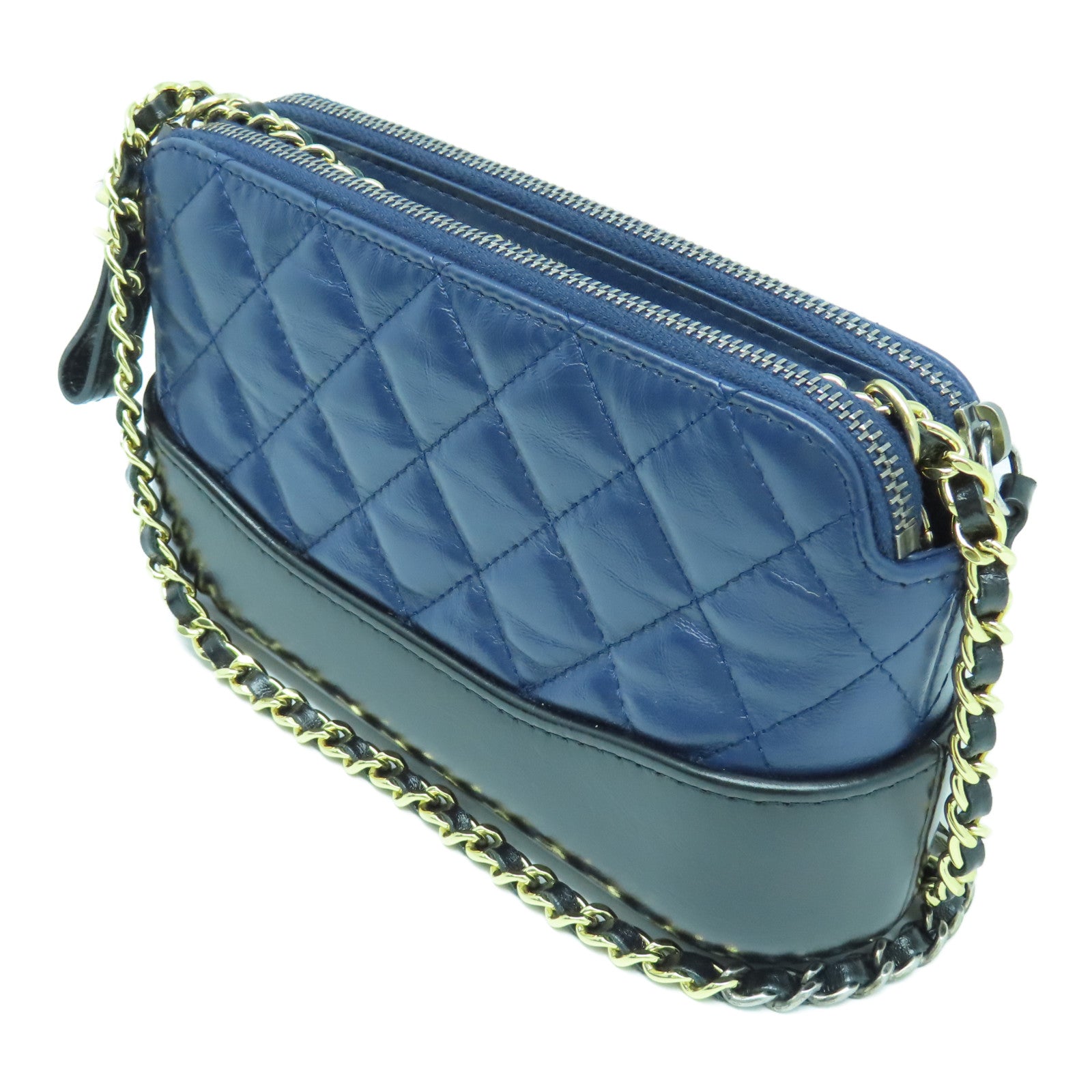CHANEL 菱格牛皮皮革Gabrielle Clutch With Chain金扣链带肩背袋深蓝色黑色
