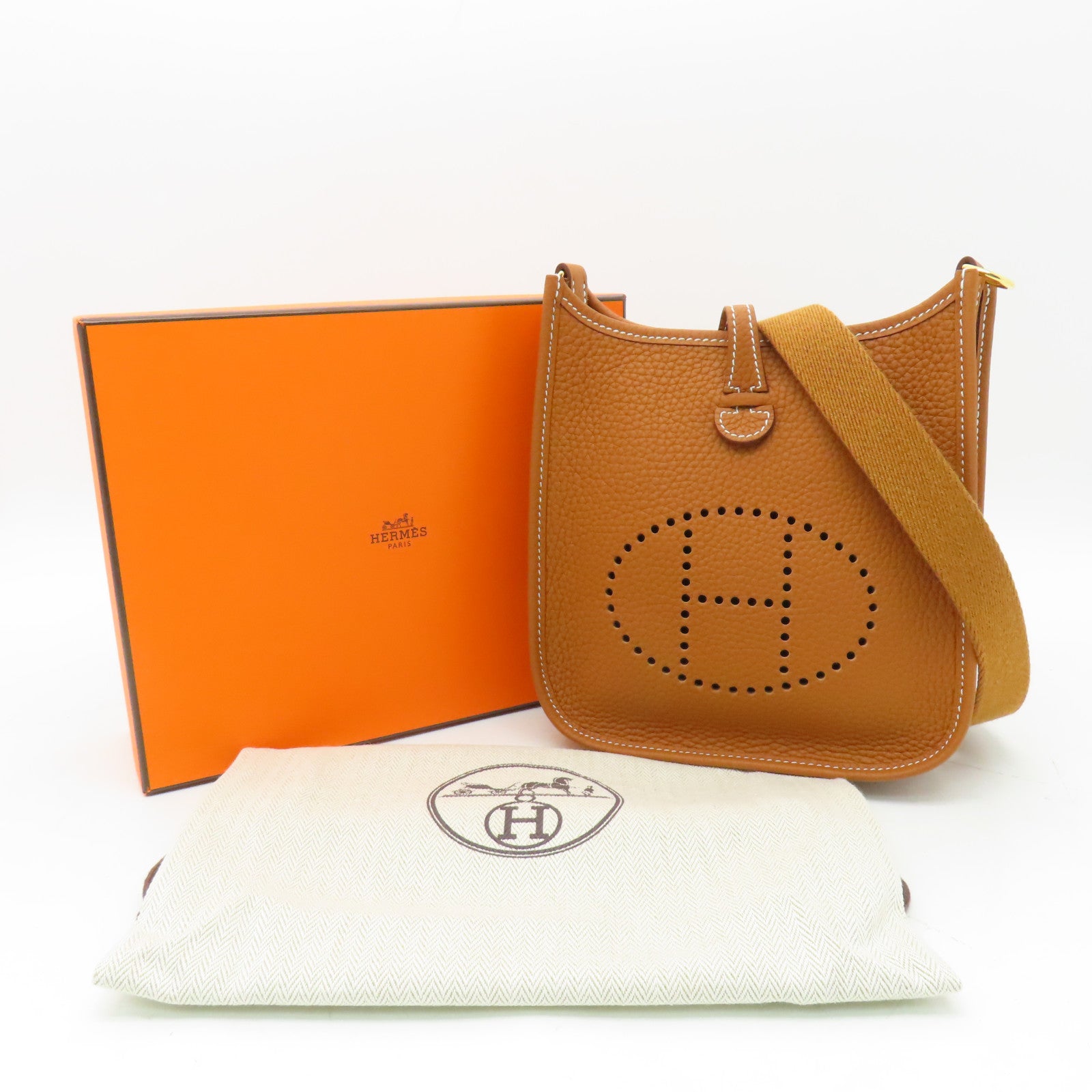 HERMES Clemence皮革Evelyne TPM金扣肩背袋Gold經典駝色