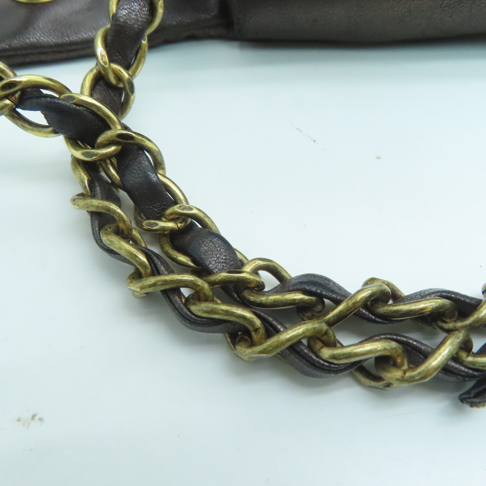 CHANEL 斜紋羊皮皮革Chain Shoulder Bag金扣鏈帶肩背袋啡色