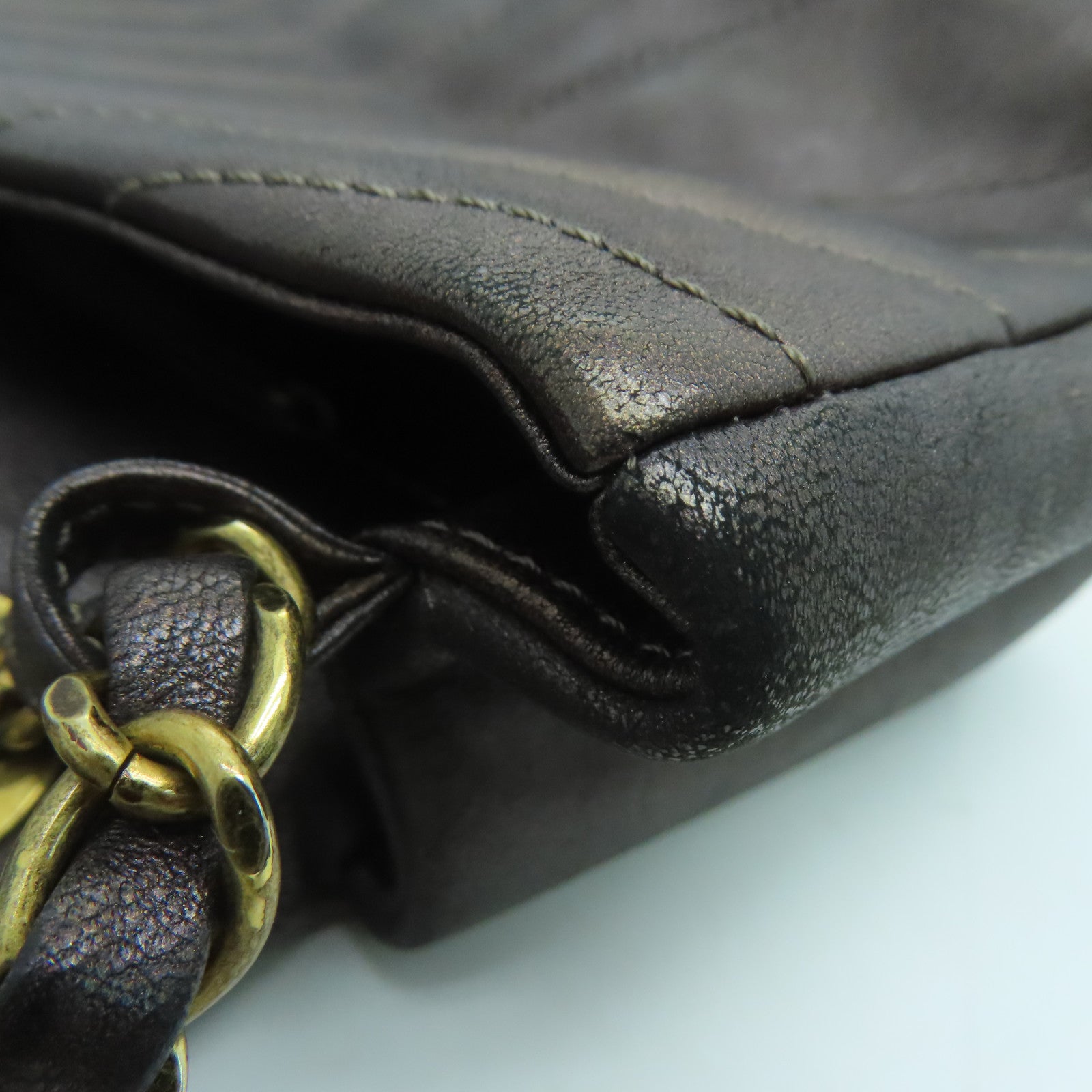 CHANEL 斜紋羊皮皮革Chain Shoulder Bag金扣鏈帶肩背袋啡色