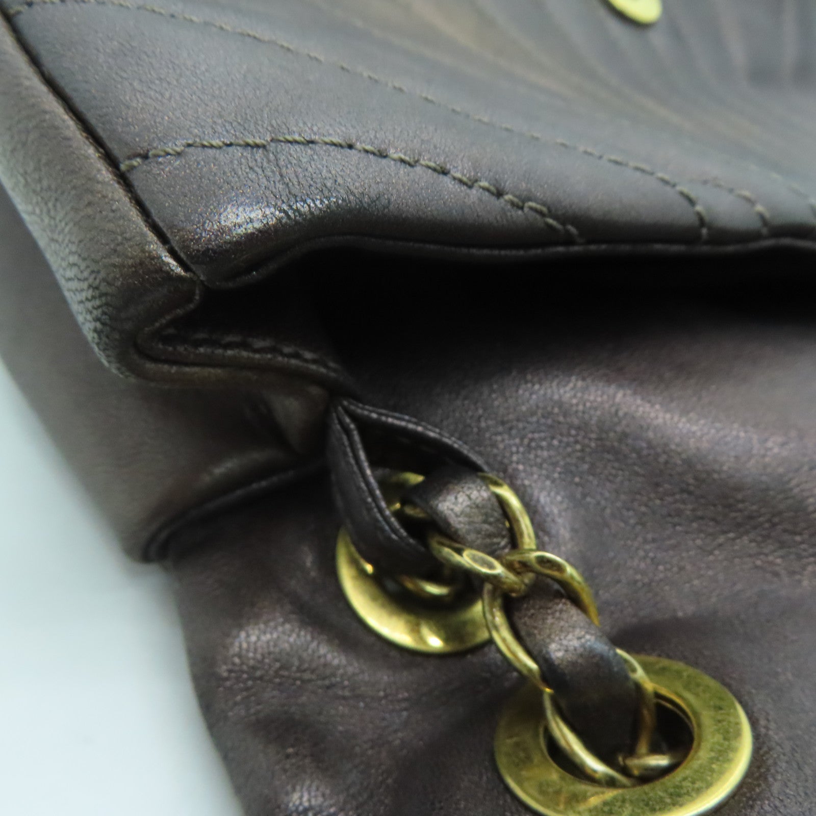 CHANEL 斜紋羊皮皮革Chain Shoulder Bag金扣鏈帶肩背袋啡色