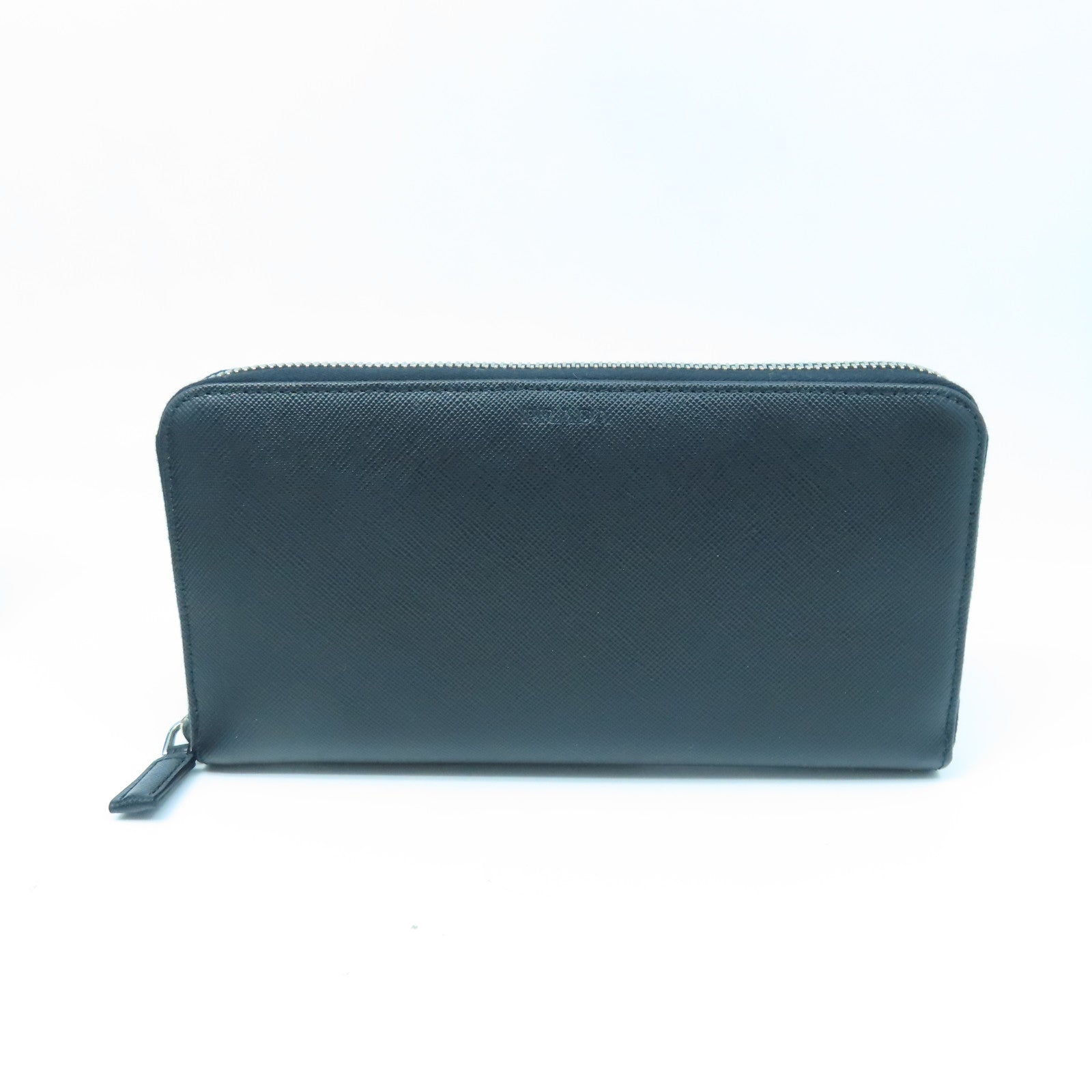 PRADA Saffiano牛皮皮革Zipper Long Wallet銀扣長錢包黑色