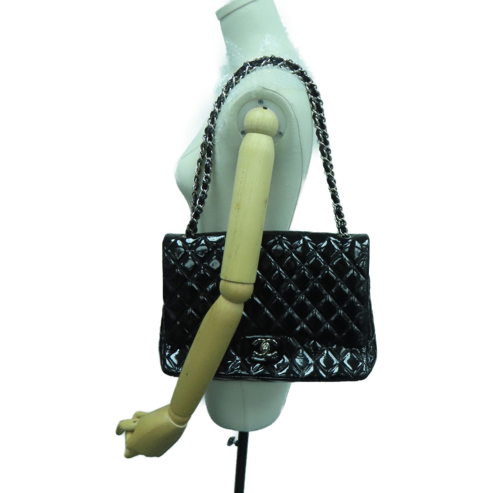 CHANEL 菱格漆皮皮革Chain Shoulder銀扣鏈條肩背袋黑色
