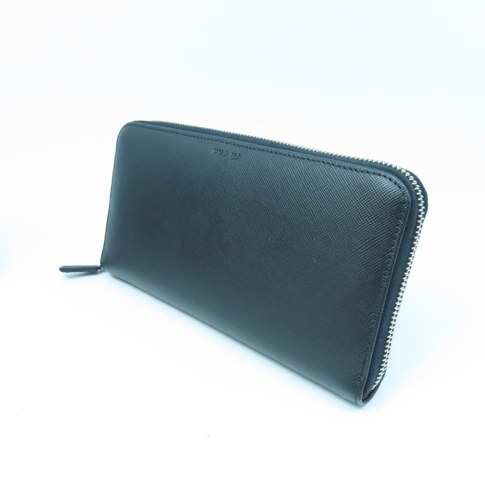 PRADA Saffiano牛皮皮革Zipper Long Wallet銀扣長錢包黑色