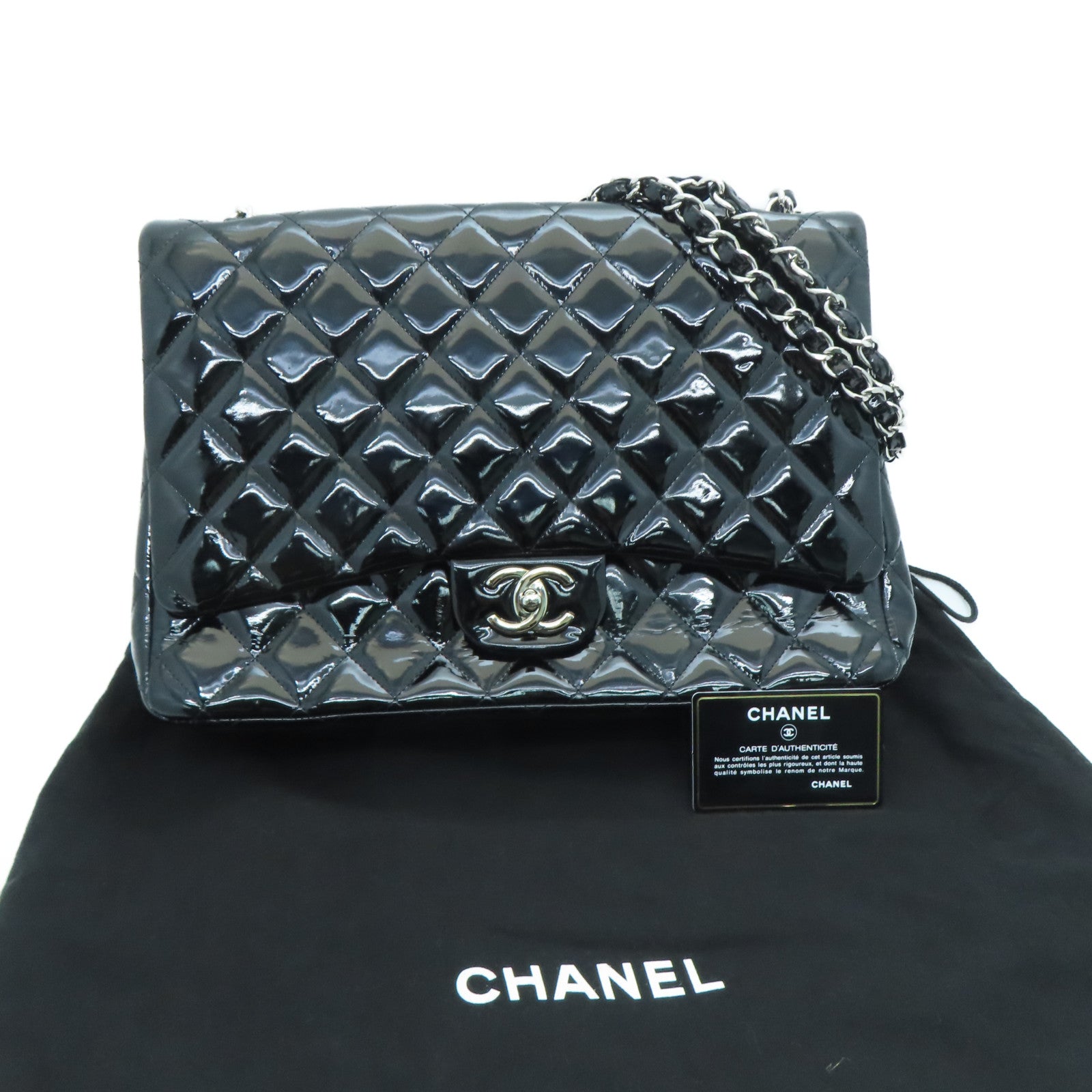 CHANEL 菱格漆皮皮革Chain Shoulder銀扣鏈條肩背袋黑色