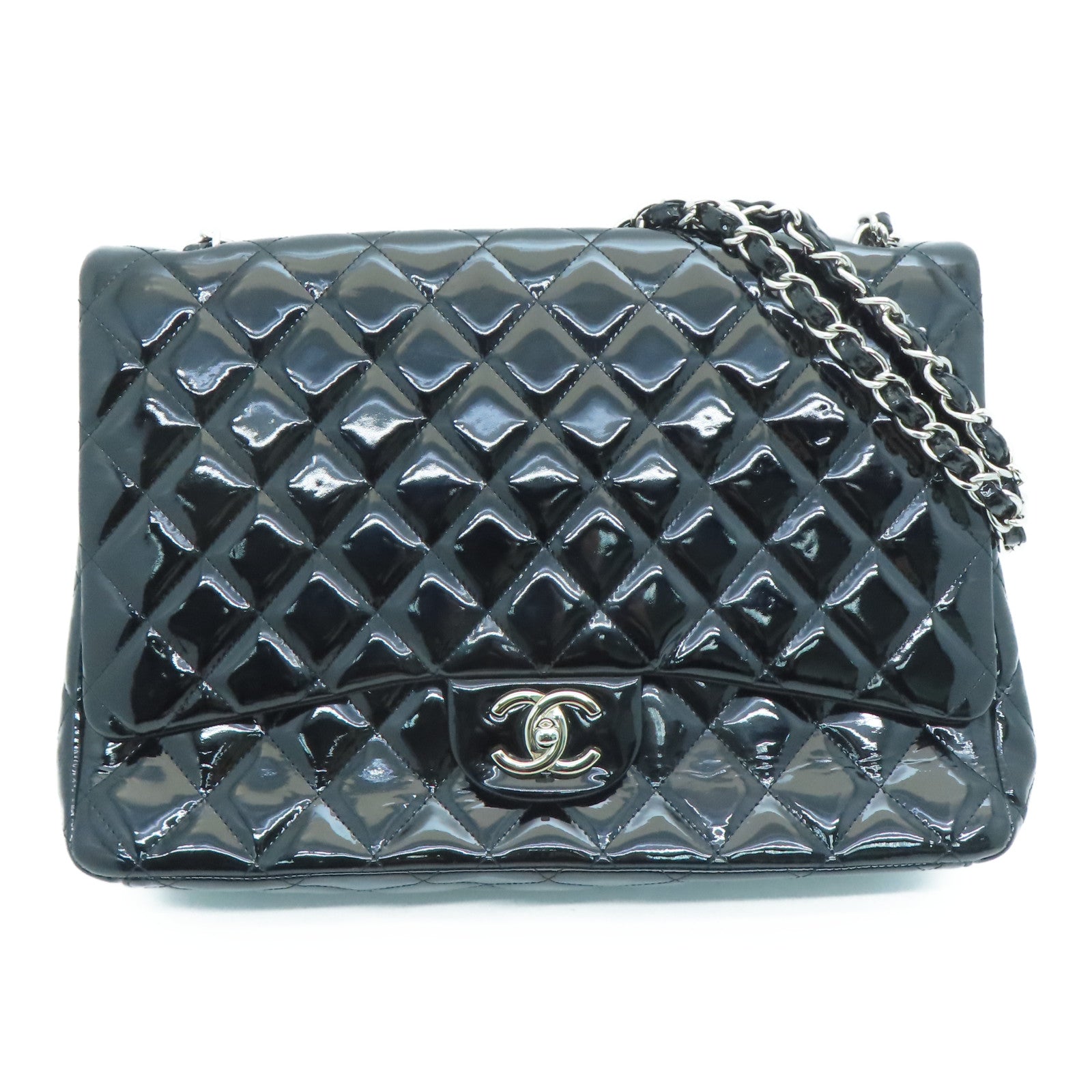 CHANEL 菱格漆皮皮革Chain Shoulder銀扣鏈條肩背袋黑色