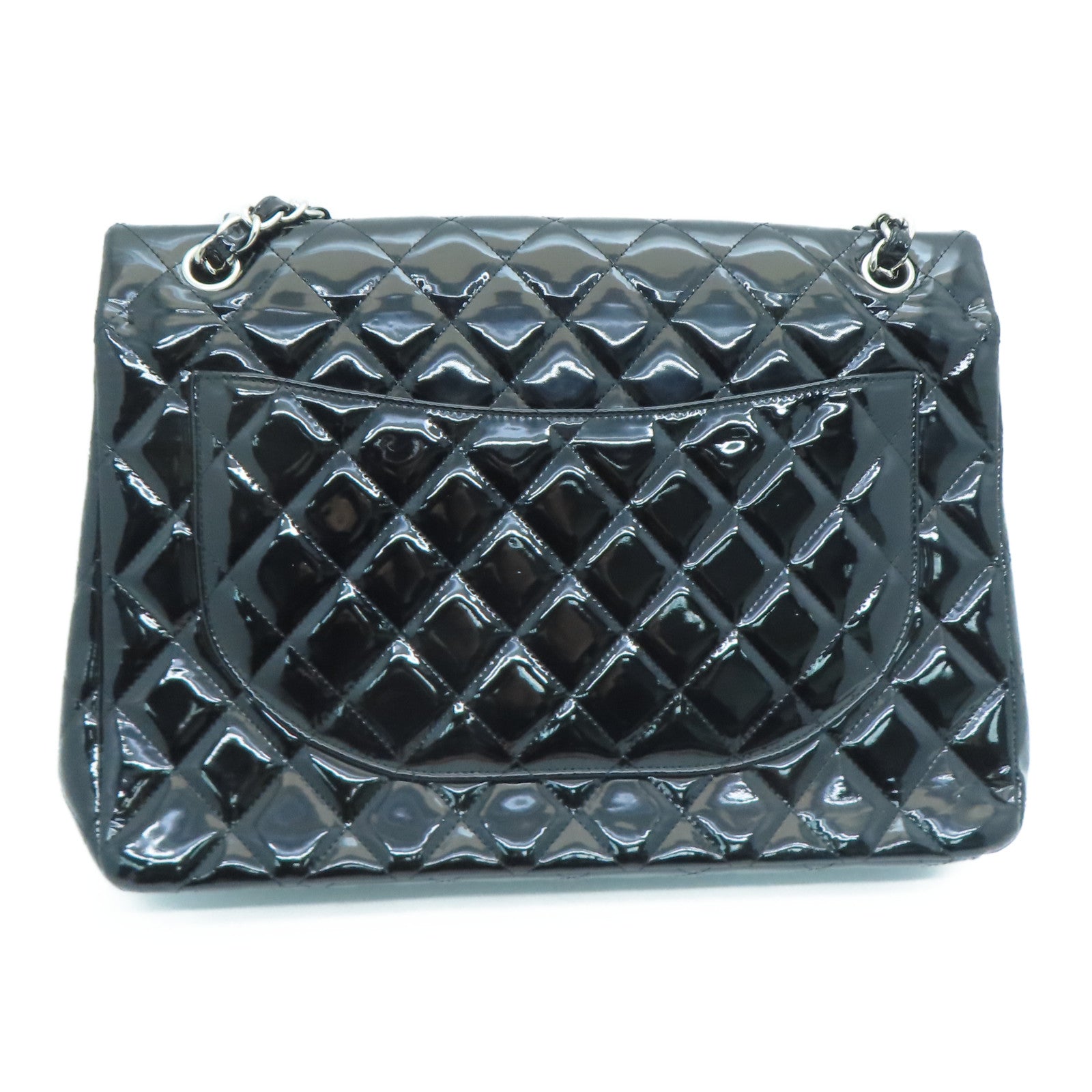 CHANEL 菱格漆皮皮革Chain Shoulder銀扣鏈條肩背袋黑色
