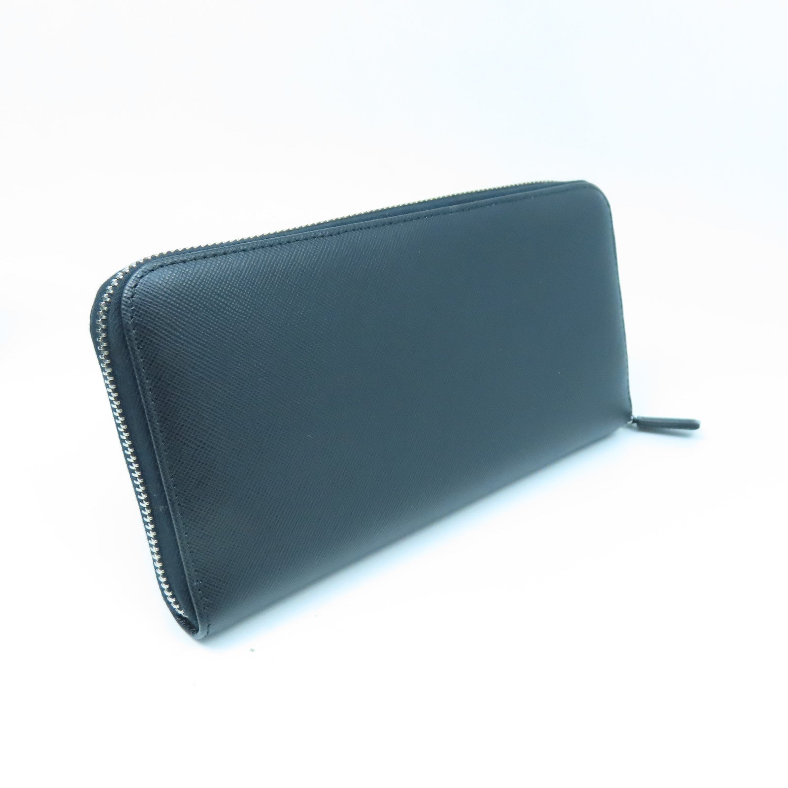 PRADA Saffiano牛皮皮革Zipper Long Wallet銀扣長錢包黑色