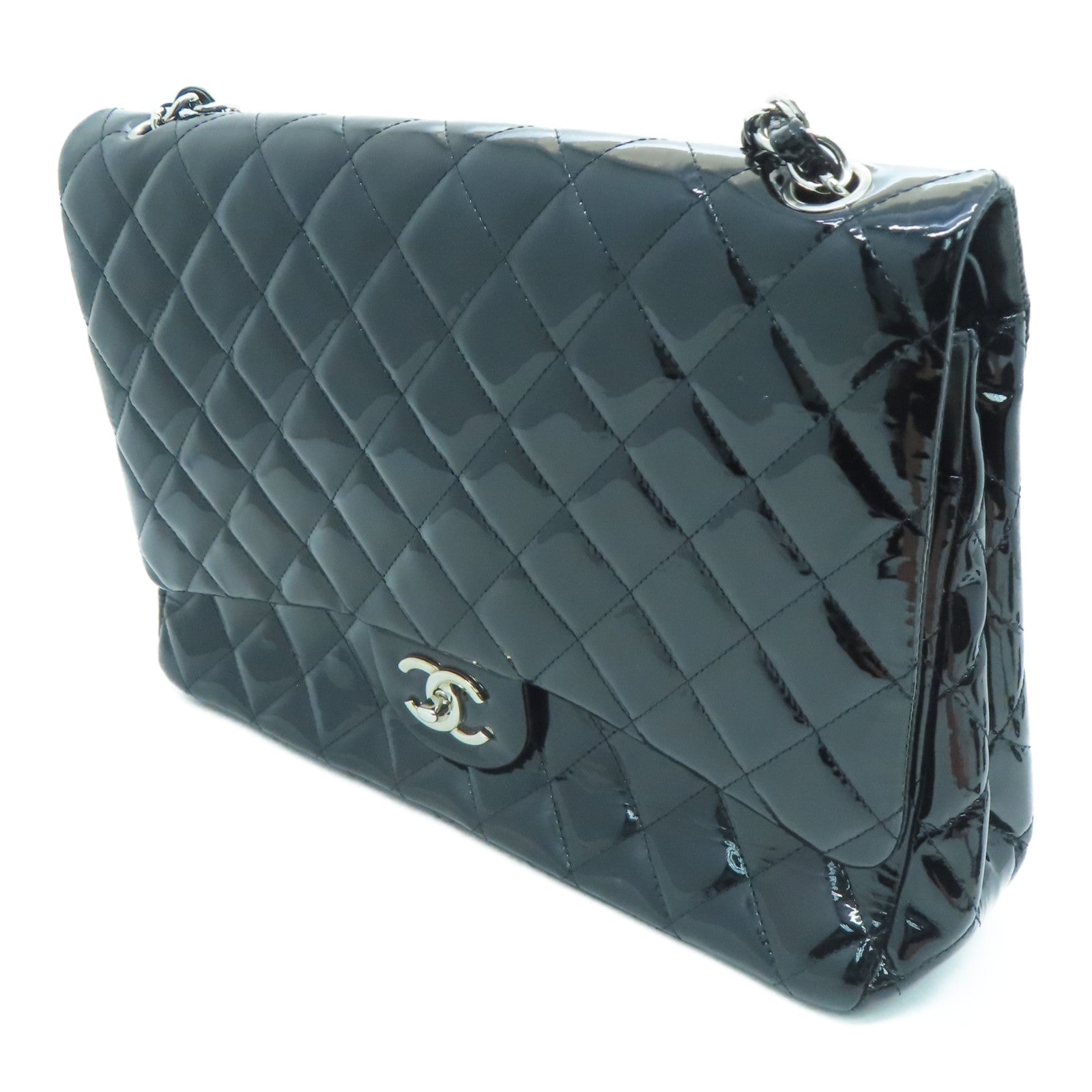 CHANEL 菱格漆皮皮革Chain Shoulder銀扣鏈條肩背袋黑色