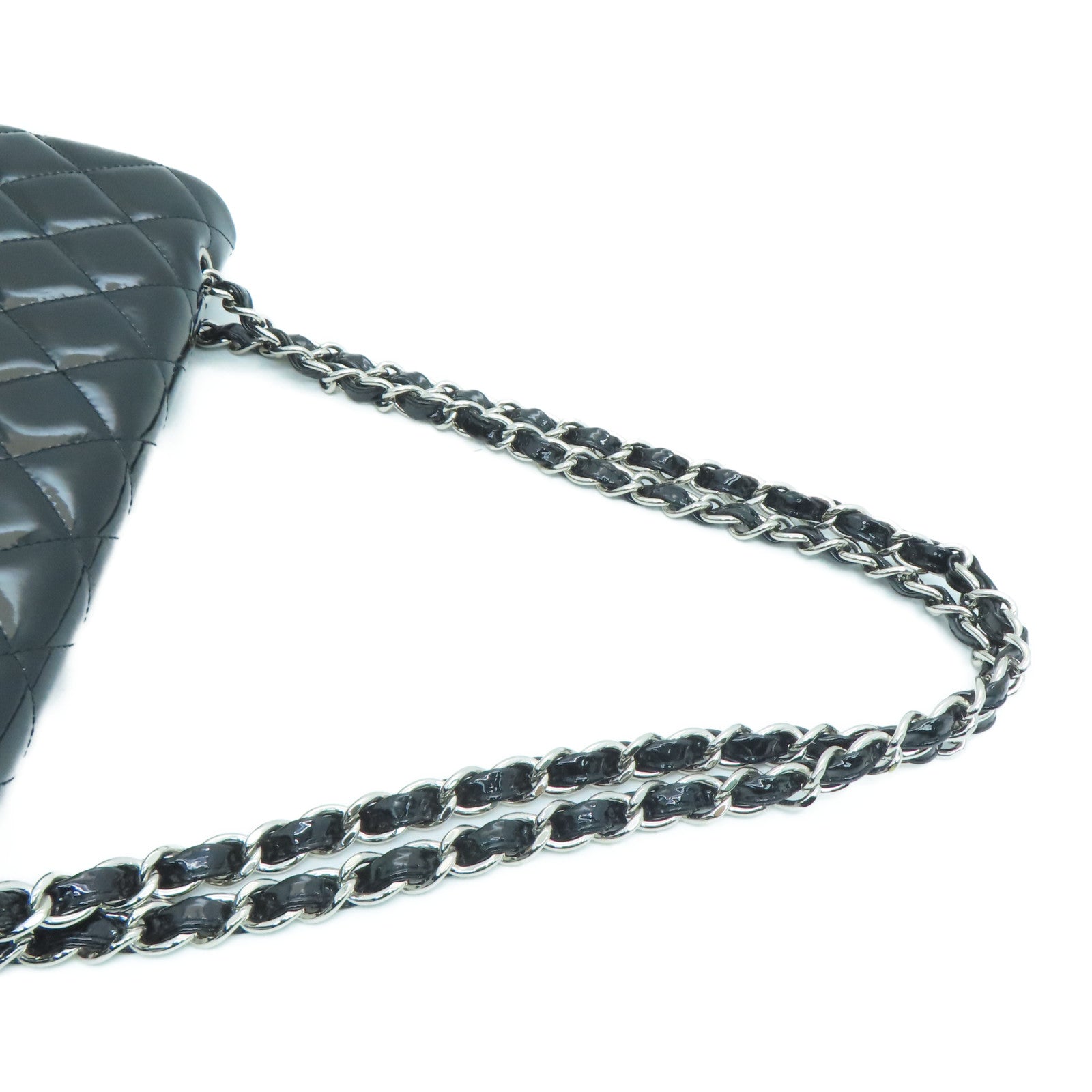 CHANEL 菱格漆皮皮革Chain Shoulder銀扣鏈條肩背袋黑色