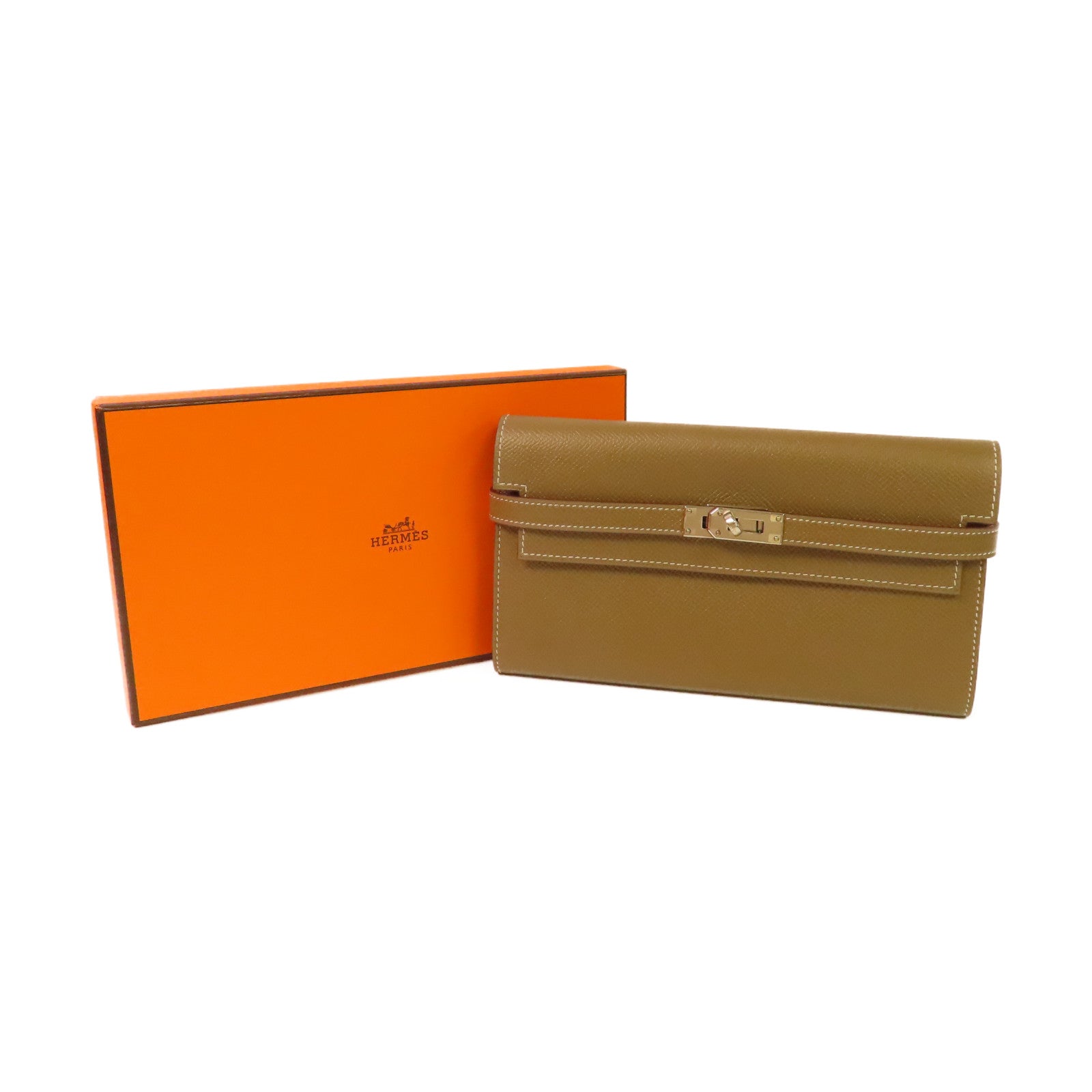 HERMES Epsom皮革Kelly Long Wallet銀扣長錢包Etoupe大象灰色